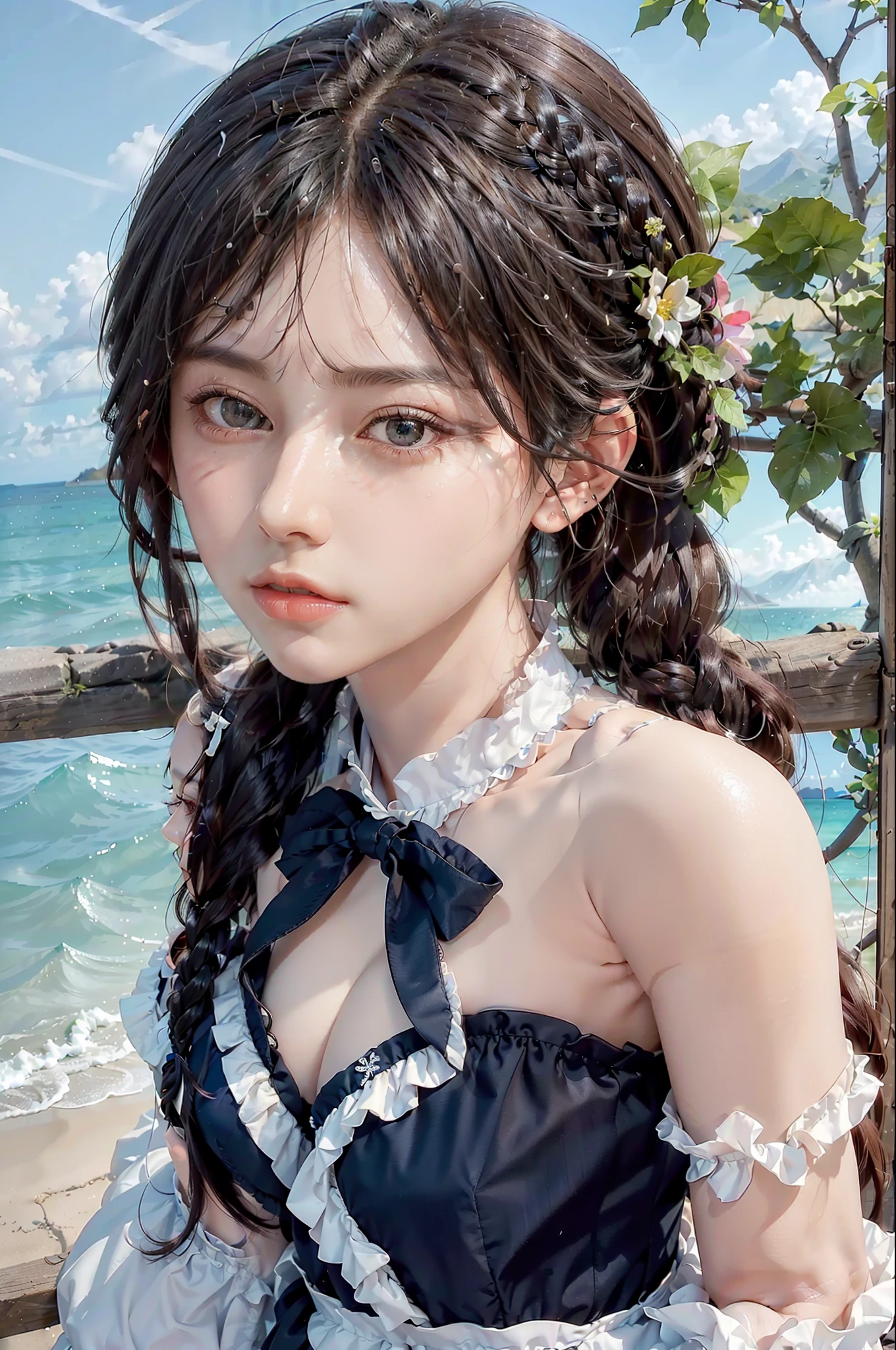 best quality, ultra hi res, photoreaslistic, a photography of a beautiful woman, 30yo age, detailed face, black Messy fishtail braid, (detailed porcelain doll,delicate clothes with a lot of frills and ribbons), Beach, (face close up), seductive look, looking at viewer