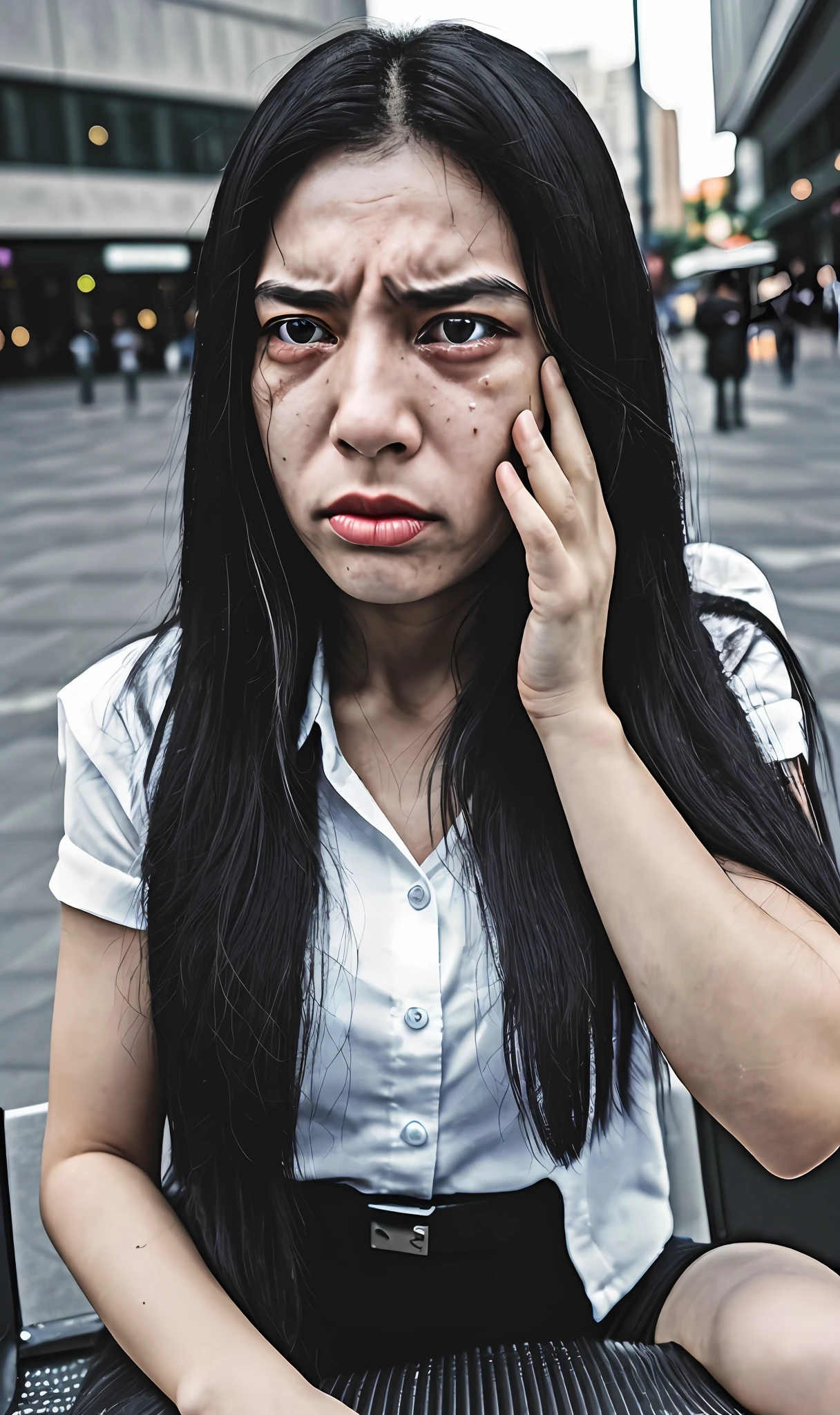 1 woman, black hair, black eyes, long hair, dynamic tears, sad face, woman, Brazilian, Crying, plaza seats, Square, City, Surrealism, f/1.2, 85mm, Fujifilm, symmetry, 8k, super detail, textured skin, high details, retina