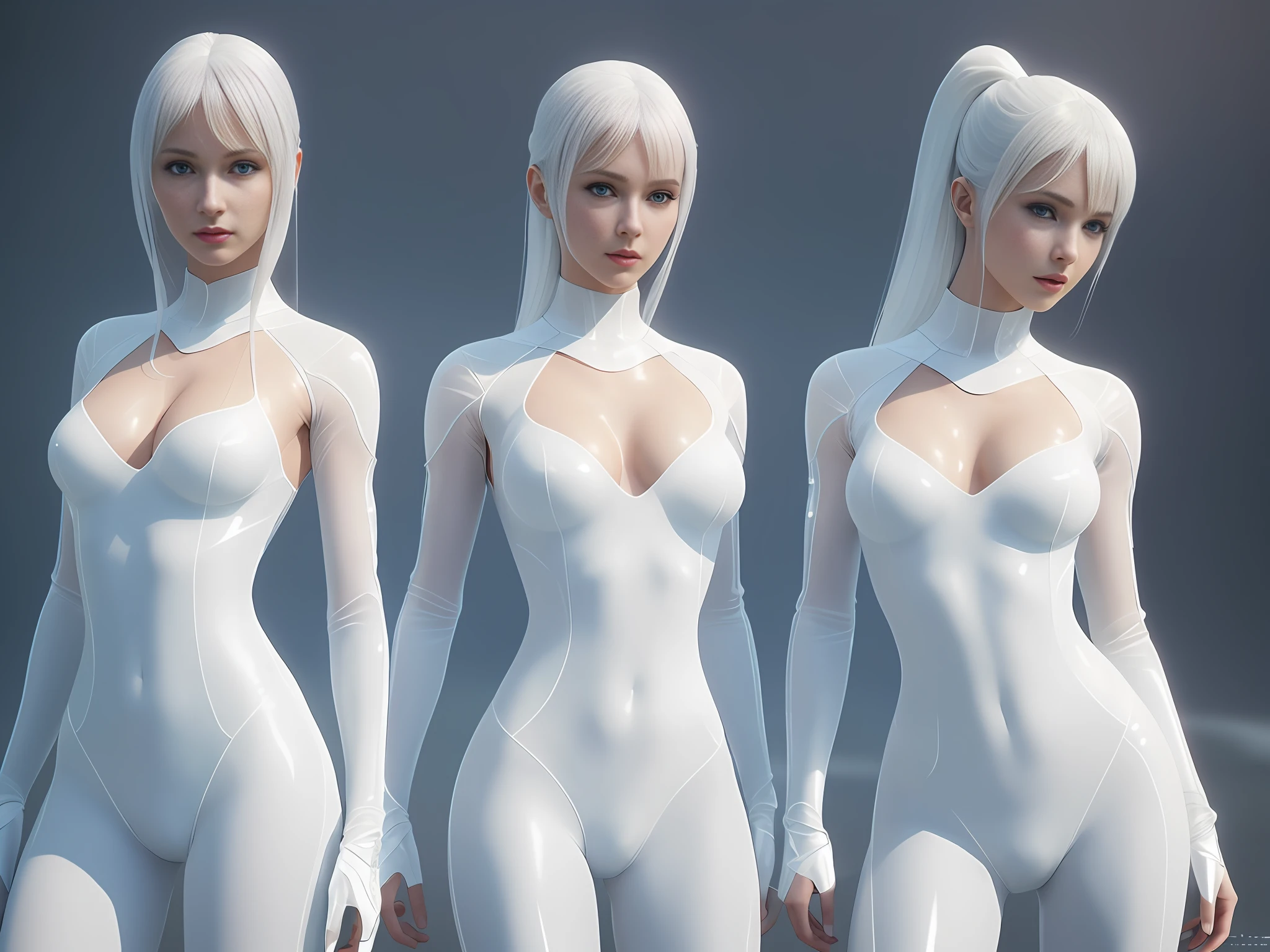 two women in white transparent lingersuits, concept art by Vincent Lefevre, tumblr, fantasy art, translucent body, smooth translucent white skin, translucent white skin, shiny white skin, white shiny skin, cinematic goddess body shot, photorealistic perfect body, beautiful sci - fi twins, full of glass. cgsociety, clear curvy details, 2b
