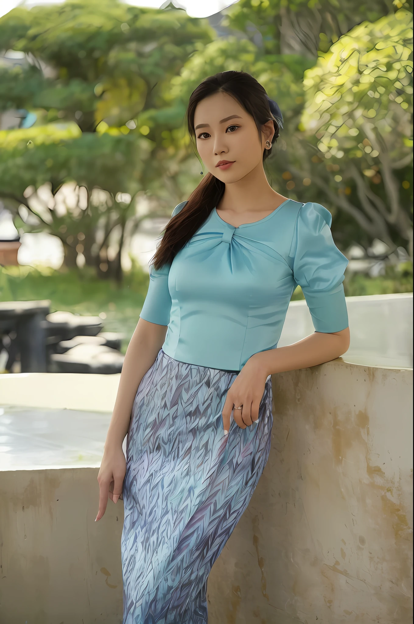 arafed woman leaning against a wall with a blue top, teal skirt, with teal clothes, in style of thawan duchanee, in style of lam manh, mai anh tran, turquoise, korean women's fashion model, turqouise, ruched bodice, flowing teal-colored silk, sha xi, inspired by Lan Ying, jia