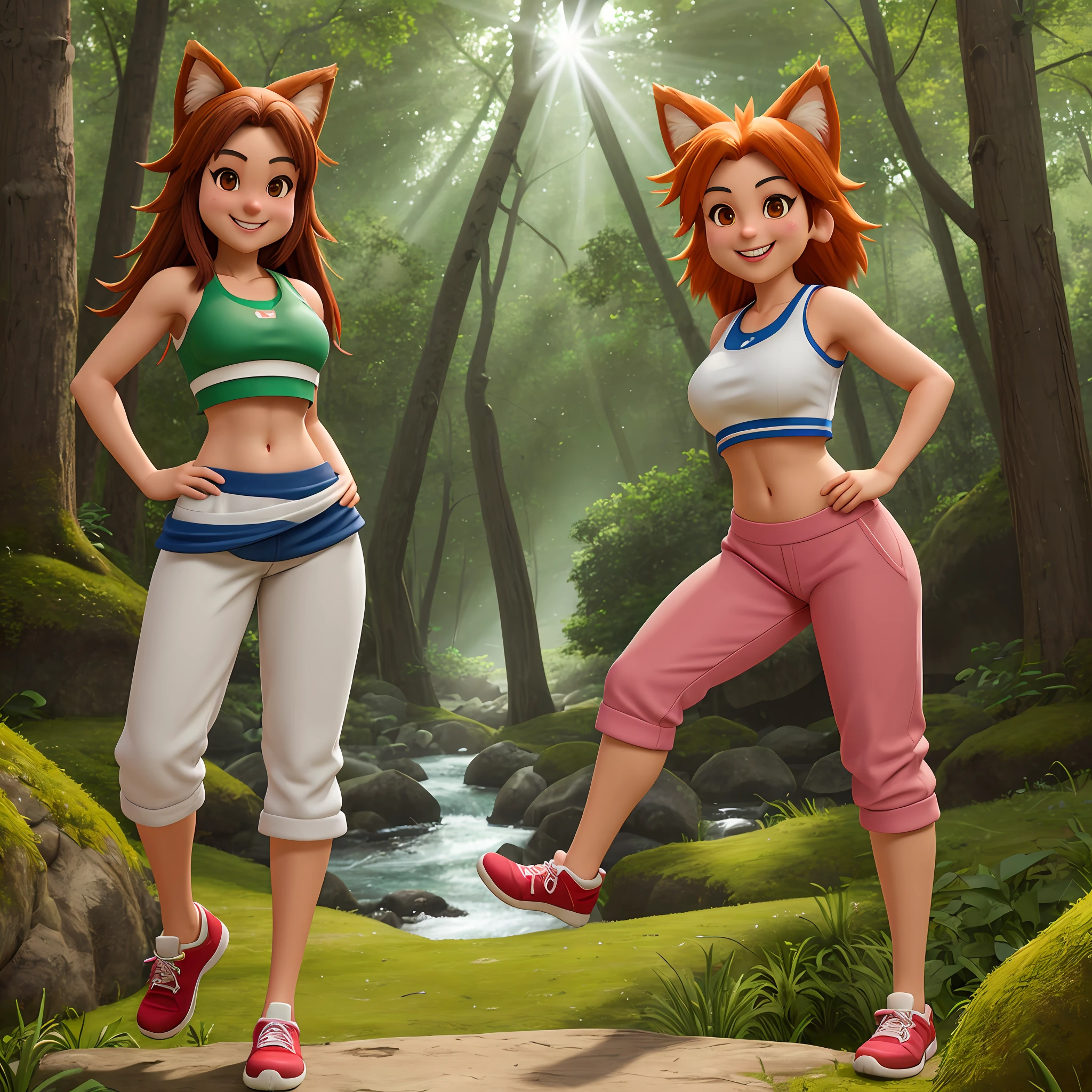 Megumi Bandicoot on e621, furry, capri pants realistic textures, crop top, midriff, happy furry smile, detailed forest background, high res, sun rays, river