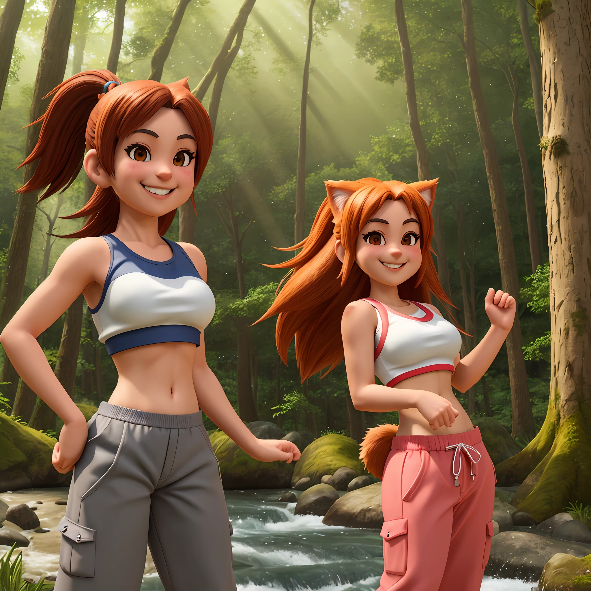 Megumi Bandicoot on e621, furry, capri pants realistic textures, crop top, midriff, happy furry smile, detailed forest background, high res, sun rays, river