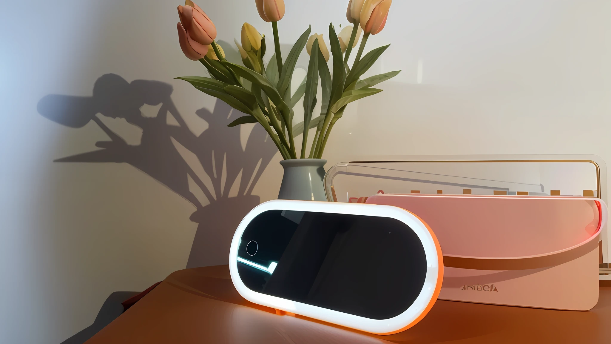 On the table is a mirror, backlight, beautiful smooth soft light, product photos, vivid color ultra-wide angle lens, ambient lighting on top, vibrant aesthetics, ambient amber light, glowing OLED visor, visor in the reflection of the phone in the ocean, product introduction photos, overhead angle view, it glows, black background