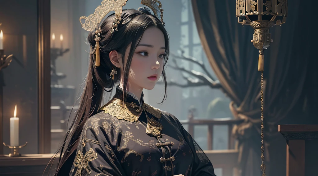 Official Art, Unity 8k wallpaper, super detailed, beautiful, beautiful, masterpiece, best quality,
dark, atmospheric, mystical, romantic, creepy, literature, art, fashion, showa era, decoration, intricacies, gold and silver products, lace, contemplation, emotional depth, supernatural, Qing dynasty palace costume
1 girl, solo, neck, bust composition