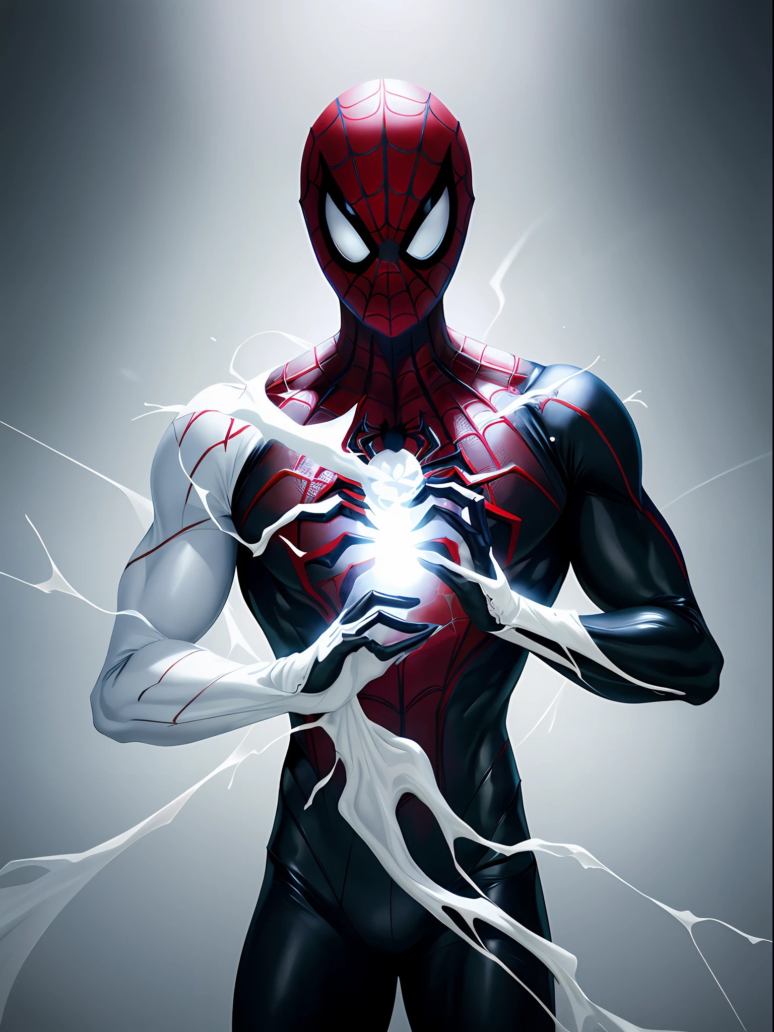 spider man in a black outfit with spider in the center of his chest in white, organic looking outfit, gooey forehead, symbiote, white eyes, fine art, ps5 cinematic screenshot,highly detailed detailed cinematic rendering, ultra photorealistic raytricing, with cinematic lighting