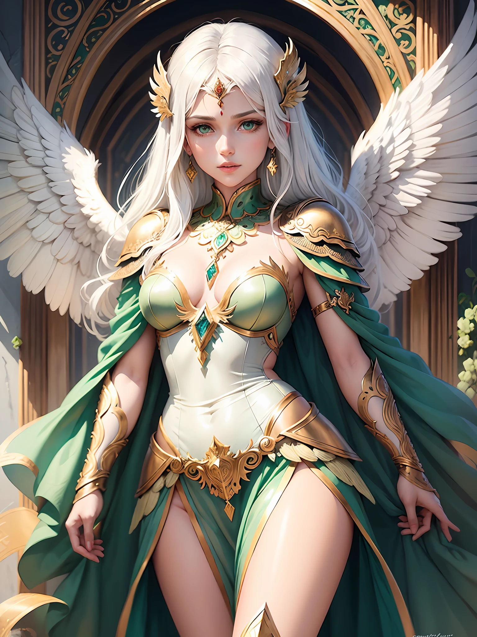 hand drawn sketch illustration of a beautiful angel with white hair, green eyes, broken angelic wings, bronze armor, gem studded, illustration, watercolor sketch, (best quality)), intricate detailed, Indian