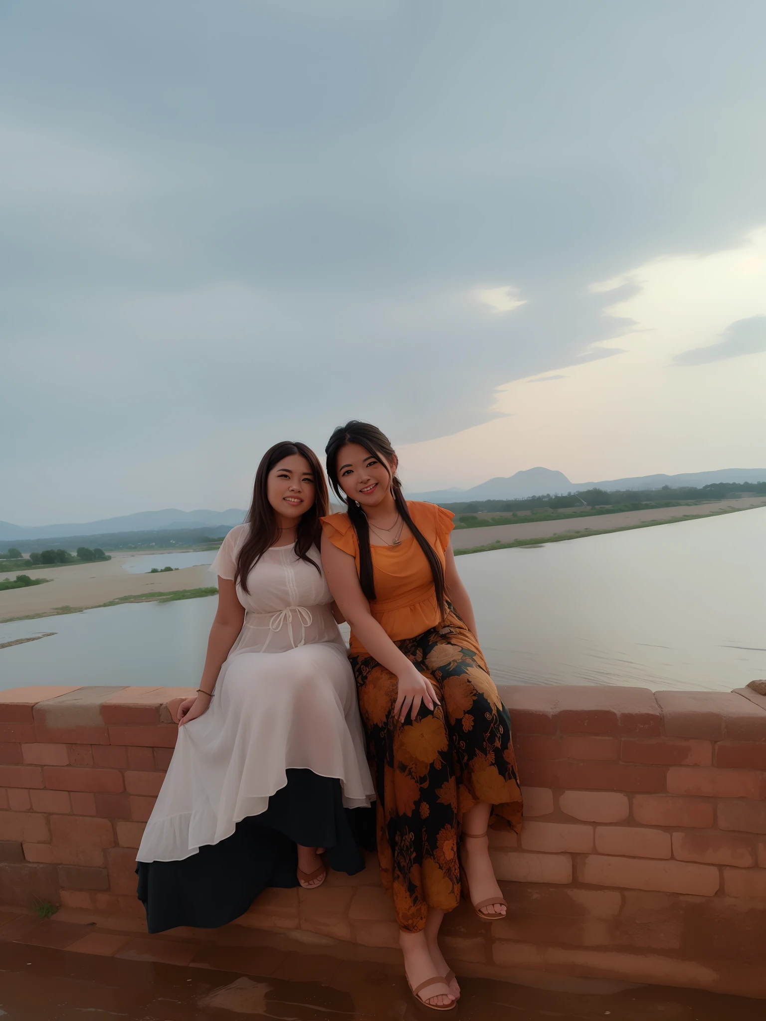 two women sitting on a brick wall near a body of water, with sunset, during sunset, river in the background, very very low quality picture, taken with sony alpha 9, at an ancient city, with village, near a river, taken with canon eos 5 d mark iv, taken with canon 8 0 d, at the sunset, scenic view, low quality photo