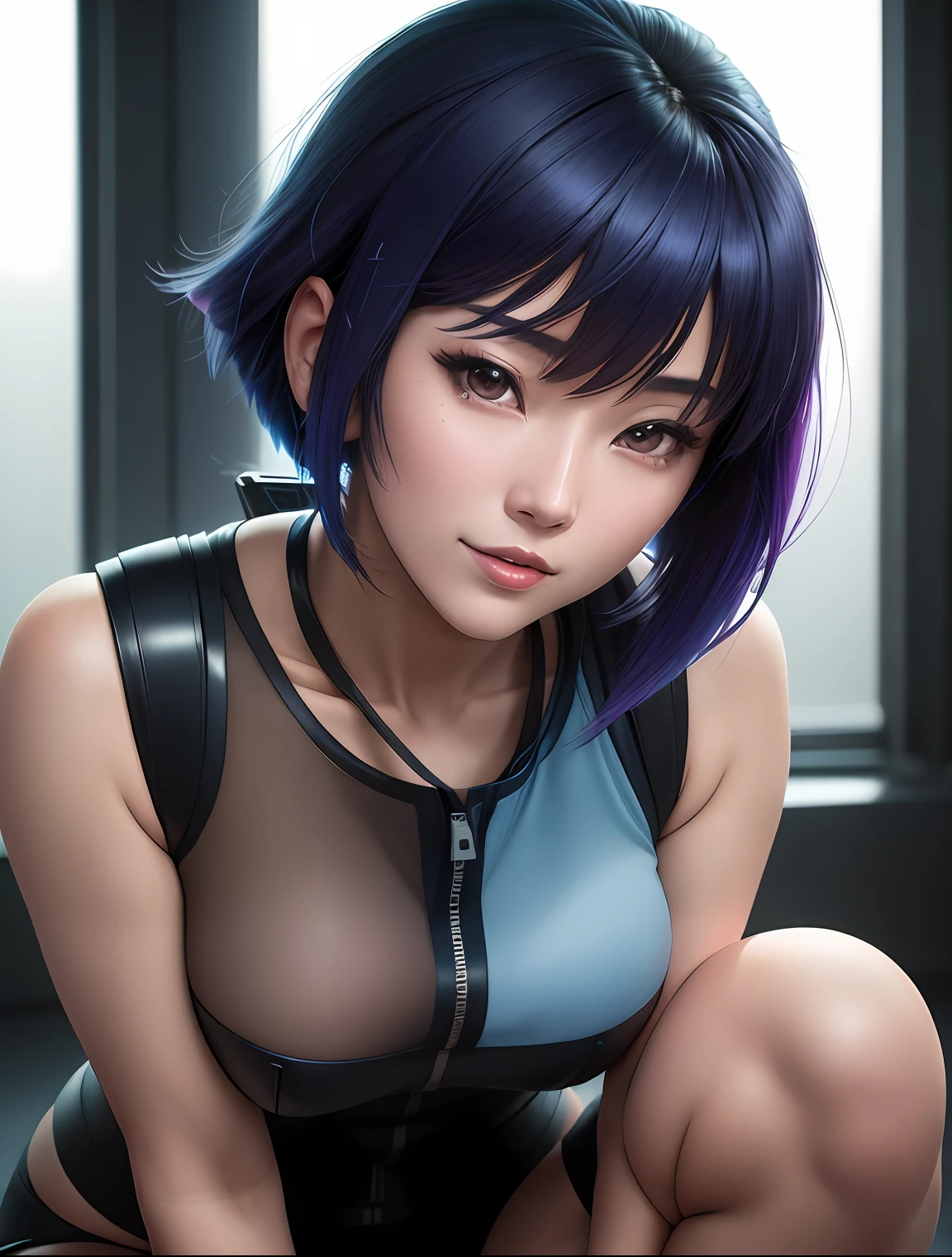 Motoko Kusanagi from anime Ghost in the Shell, inverted bob hair, dark blue hair, ponytail, smile, intricate detail, depth of field, cinematic lighting, backlighting, (masterpiece), (high details), award winning, high quality, best quality, 8k, crouching on a cube with a blue background, e-girl, cynthwave, japanese streetwear, fashwave, photo of breeze kaze, mid shot portrait, jpop clothing