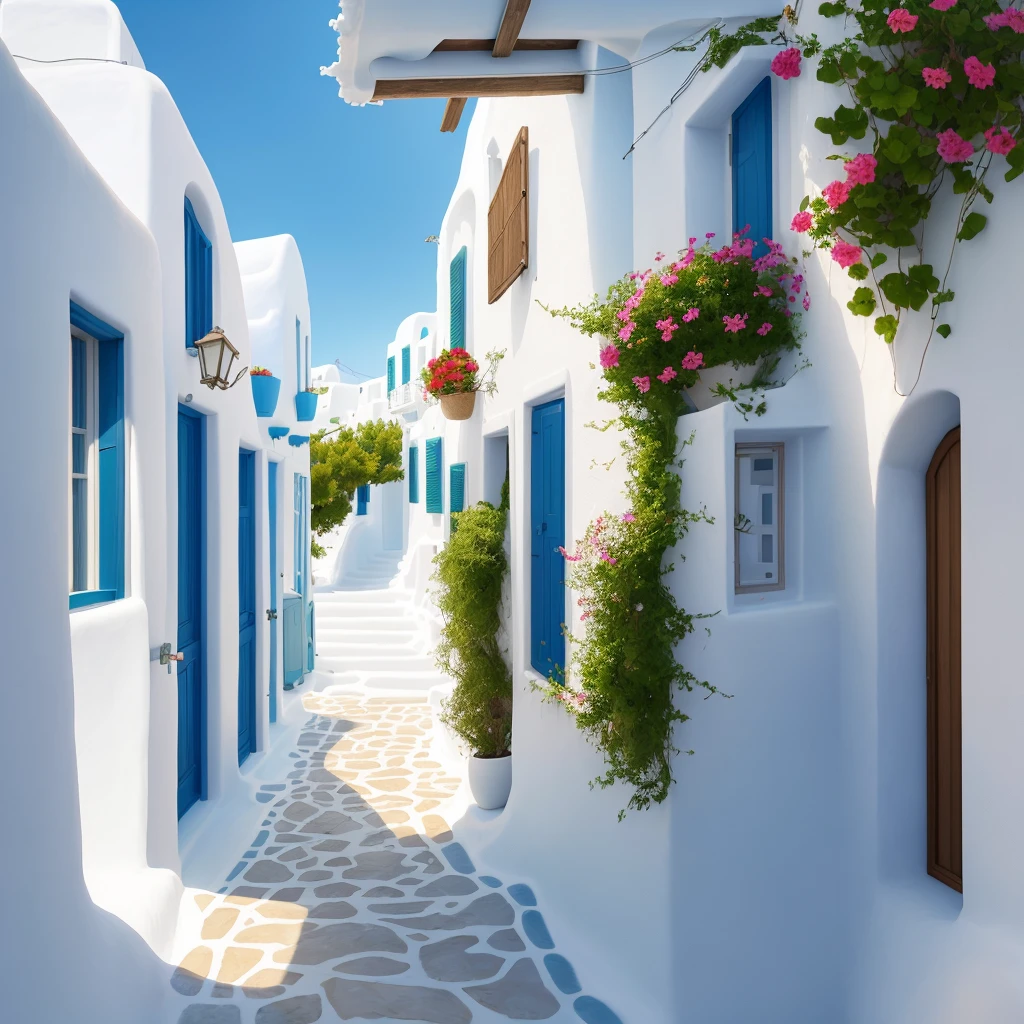 Aegean Sea Mykonos Townscape Private house Old Depicting a female duo sightseeing