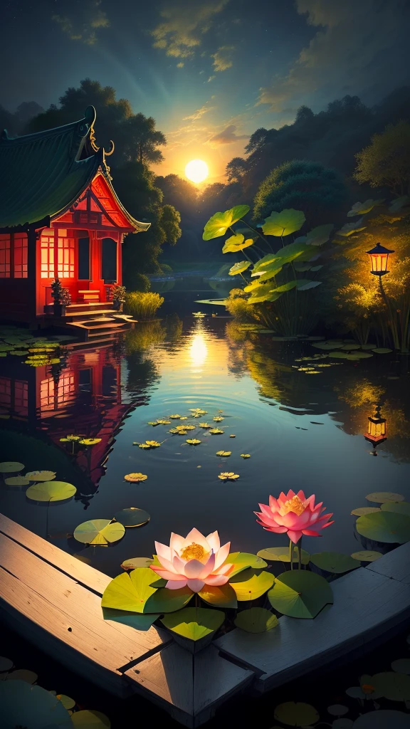 A masterpiece, exquisite. In the depths of the lotus pond (colorful, vivid, sun, cold light: 1.2) there are many lotus leaves in the pond. At night, a small boat with two Slimes (1 Blue and the other Red), round and funny, crosses the middle of the lake.