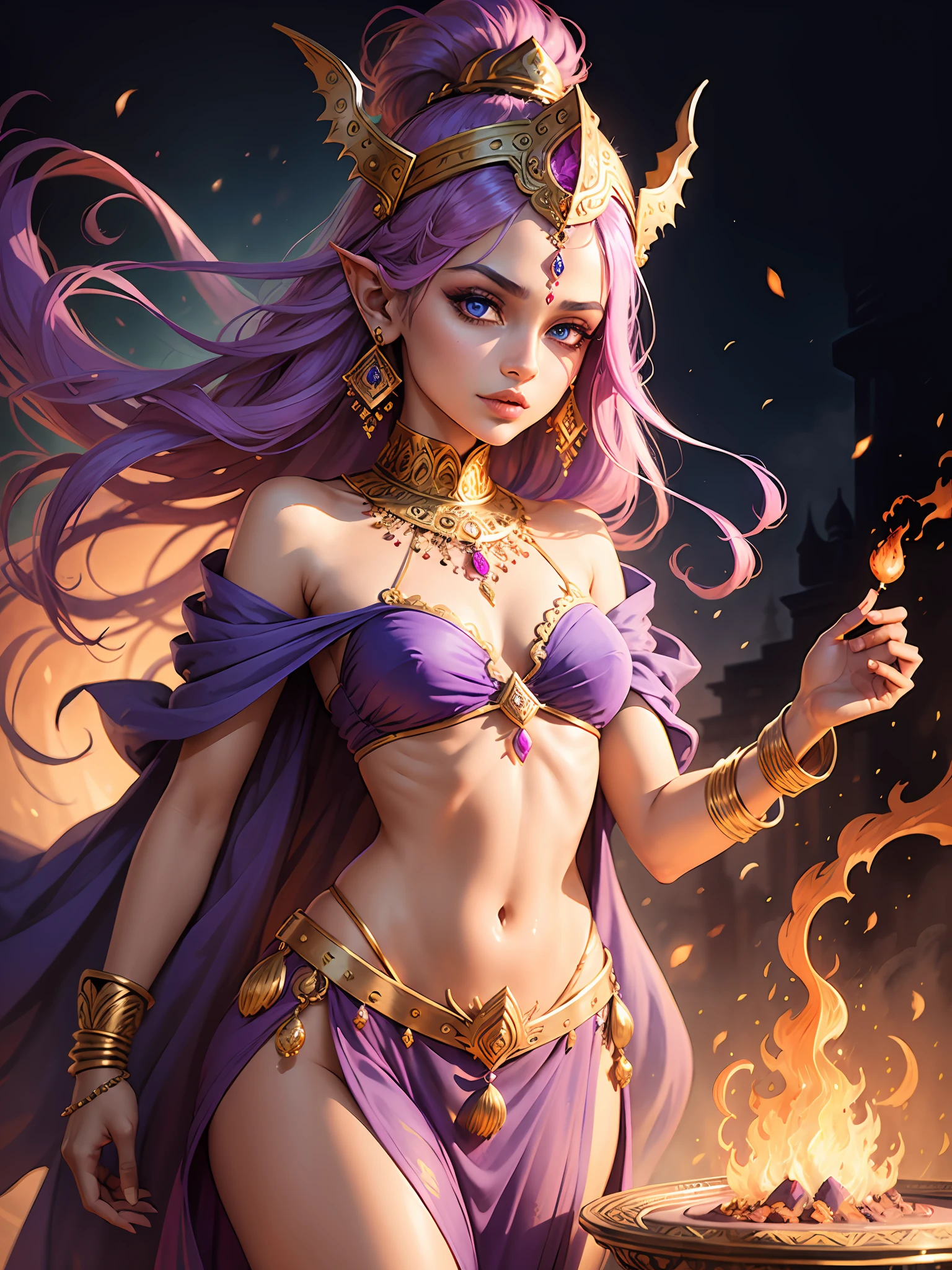Indian girl, hand drawn sketch illustration of a beautiful dnd ifreet djinn girl with flaming purple hair, blue eyes, ornate headwear, jewellery, gemstones, illustration, watercolor ink sketch, (best quality)), intricate detailed,