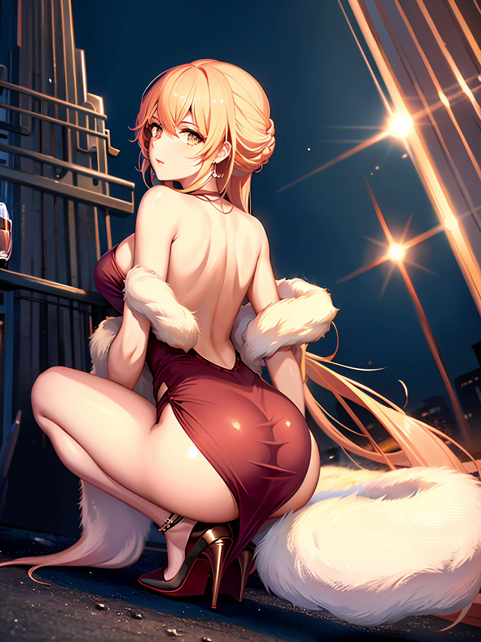 1girl,redgown,shamare,look back,legs apart,squatting,simple city background,holding coffee cup,Omertosa,cowboy shot,