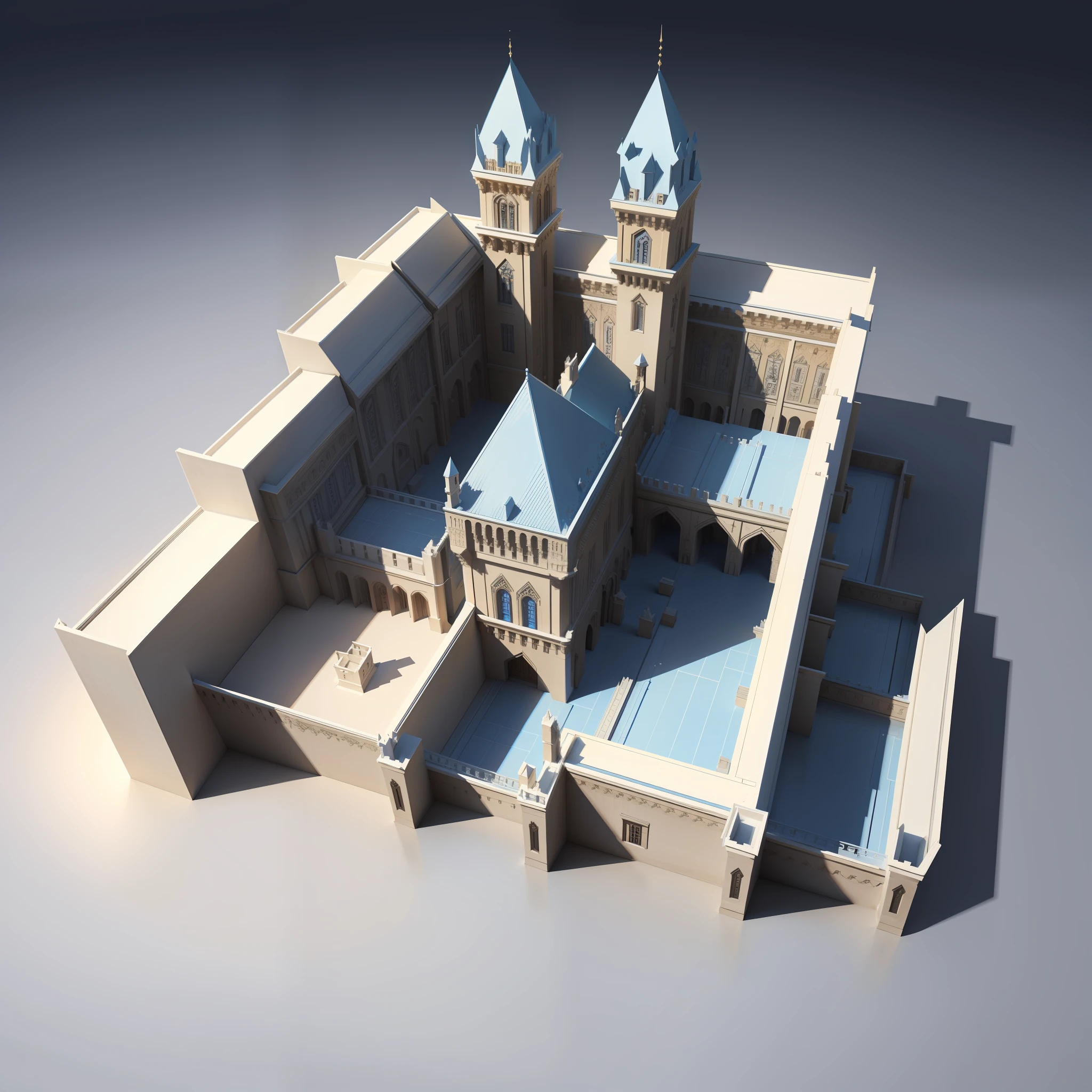 isometric 3d, isometric medieval beautiful palace, (top-down 45-degree perspective), 3d rendering, detailed, soft blue background,  --V6