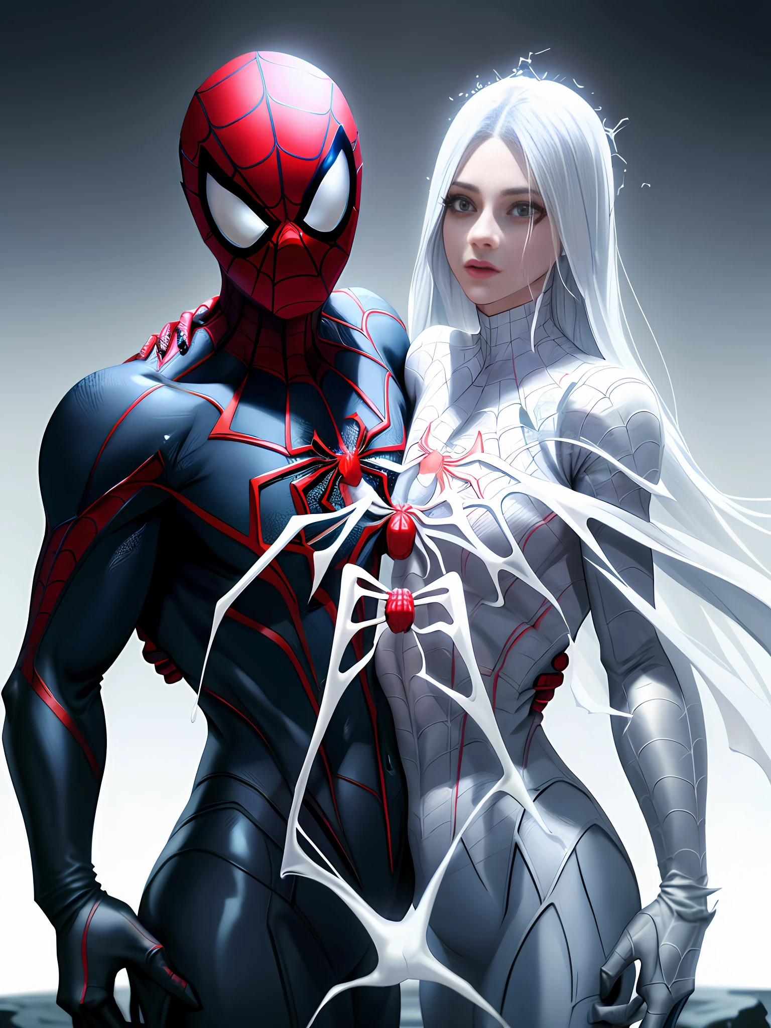 spider man e Ghost spider, two with in a black bodysuit with a spider in the center of his chest in white, organic-looking clothing, slime texture, symbiote, white eyes, fine art, ps5 cinematic screenshot,highly detailed detailed cinematic rendering, raytricing ultra fotorrealista, com iluminação cinematográfica, black hair, Surrealism, 8k, super detail