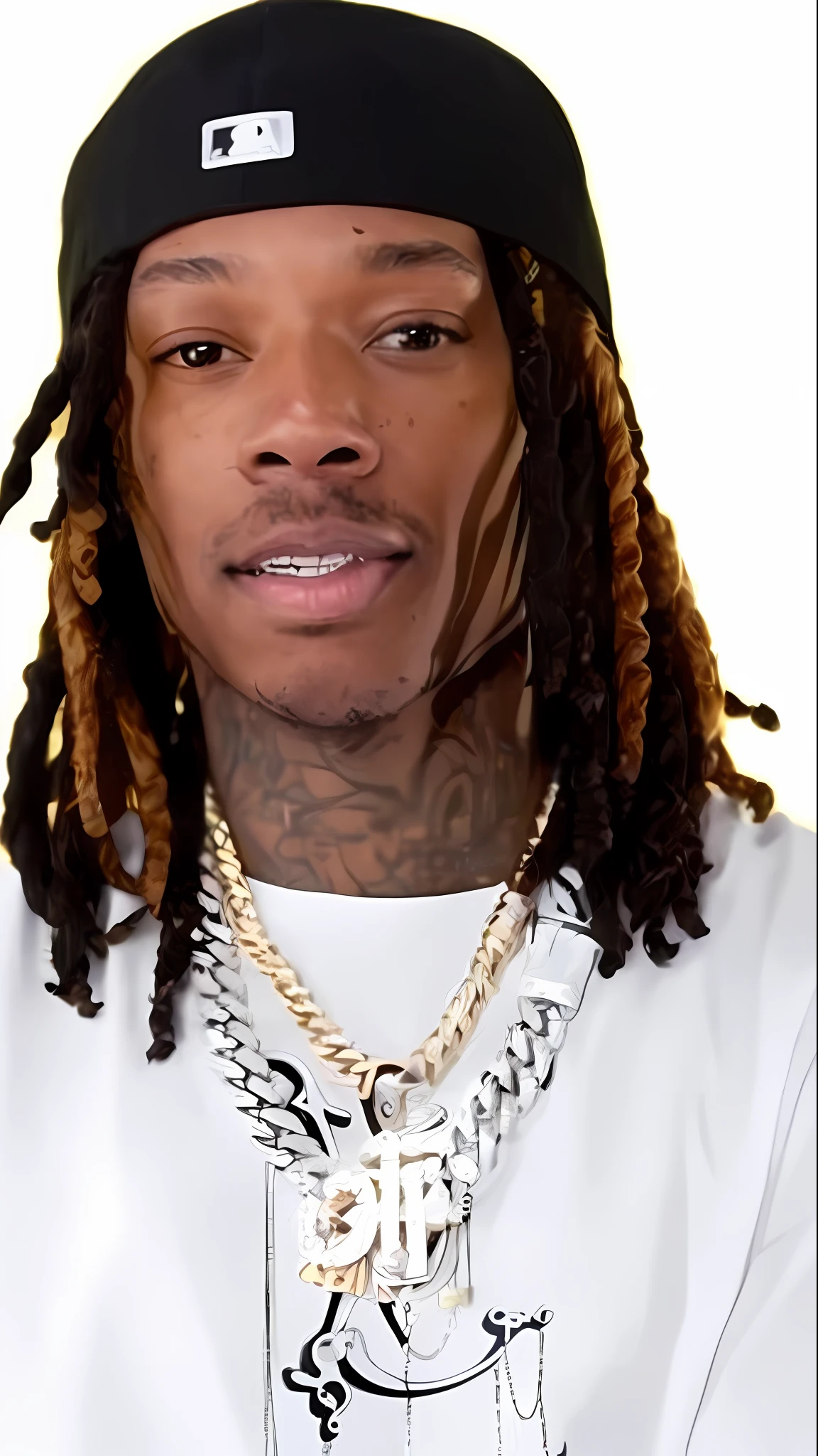 a close up of a man with dreadlocks and a white shirt, wiz khalifa, taken in the early 2020s, rapper jewelry, sakuga gunplay, a black man with long curly hair, wearing a bandana and chain, young thug, rapper bling jewelry, highly detailed # no filter, perfect shading, ✏️🎨, chief keef