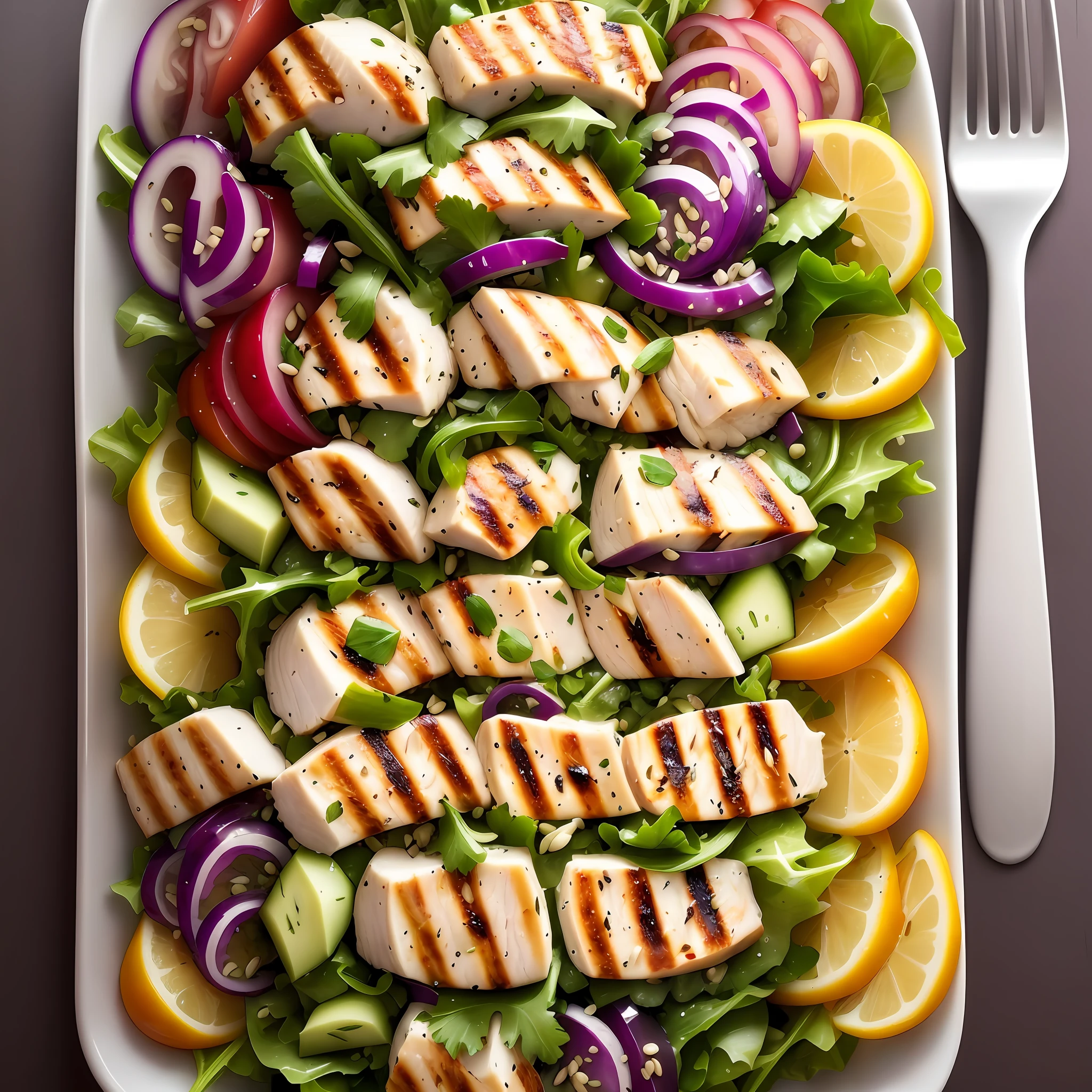 The grilled chicken salad with quinoa is a vibrant mix of colors and textures. In the center of the dish, you'd have a generous portion of fresh leafy greens such as arugula, lettuce, and spinach, creating a lush green base.
Around the green leaves, there would be slices or cubes of grilled, golden, juicy chicken. The chicken adds shades of light brown and toasted to the salad.
Scattered throughout the salad, you'd find small cherry tomatoes cut in half, featuring a bright, vibrant red. Next to the tomatoes, there would be cubes of fresh cucumber, adding a light green hue and crispness.
The salad would also be garnished with thin slices of red onion, which add a touch of purple color and slightly spicy flavor. These onion slices would be interspersed between the other ingredients.
On top of the salad, you could add sunflower seeds if you wish, to give an extra touch of crunch and texture.
Quinoa, cooked and tender, would be an important part of the dish. It could be placed in a separate portion or mixed with the other ingredients, adding small white grains that contrast with the vibrant colors of the vegetables.
Overall, the grilled chicken salad with quinoa would be a visually appealing composition, with a variety of colors, from the green tones of the leaves to the reds, browns, purples and whites of the other ingredients.