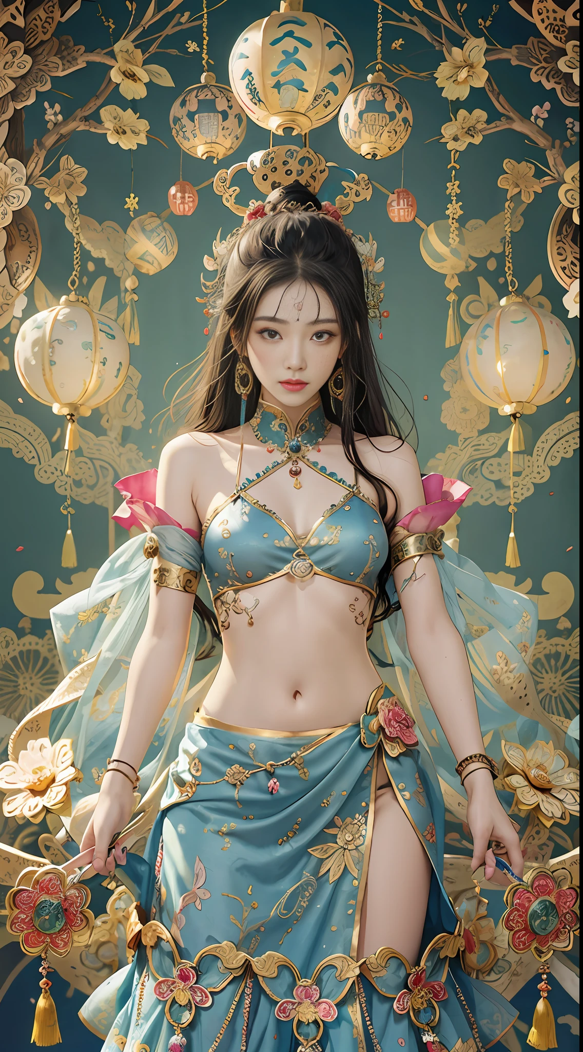 An ancient Chinese beauty with gorgeous costumes embroidered with intricate embroidery, with transparent colorful streamers tied around her arms, flowing, showing her navel, bare shoulders, open neck with buns, flower hairpins, armbands tied with streamers, bracelets, anklets , with metal chain tassels around the waist, Mogao Grottoes art, Dunhuang Flying Apsaras mural inspiration, ink wash, cgstation popular --v 6
