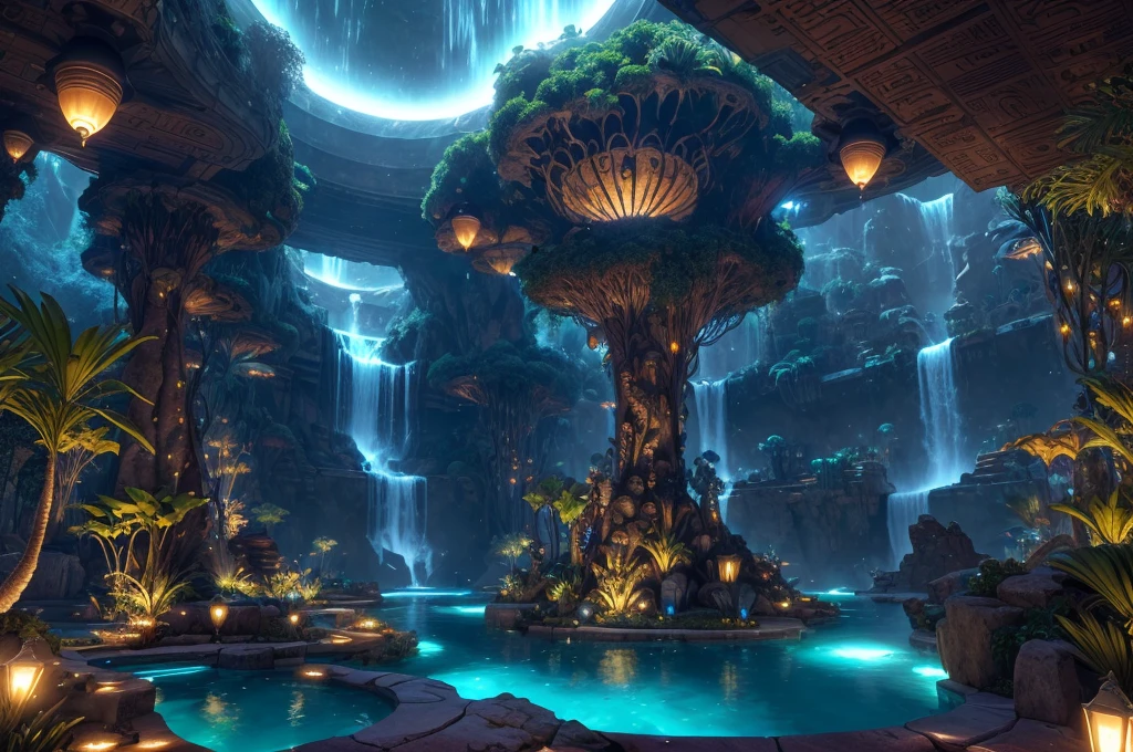 incredible Na'vi-inspired luxurious futuristic farm in Ancient Egyptian style with many ((lush plants)) (lotus flowers), ((palm trees)), rocky walls, (sand), ((waterfalls)) (marble), ((precious minerals)), ((metals)), (gemstones), crystals, clouds and ((water)), (hieroglyphics), ((trees and plants made out of gemstones and precious minerals and lights)), crocodiles, (((ultra luxury))), (black marble) – with ((beautiful lights)), Unreal Engine, HQ, 16k