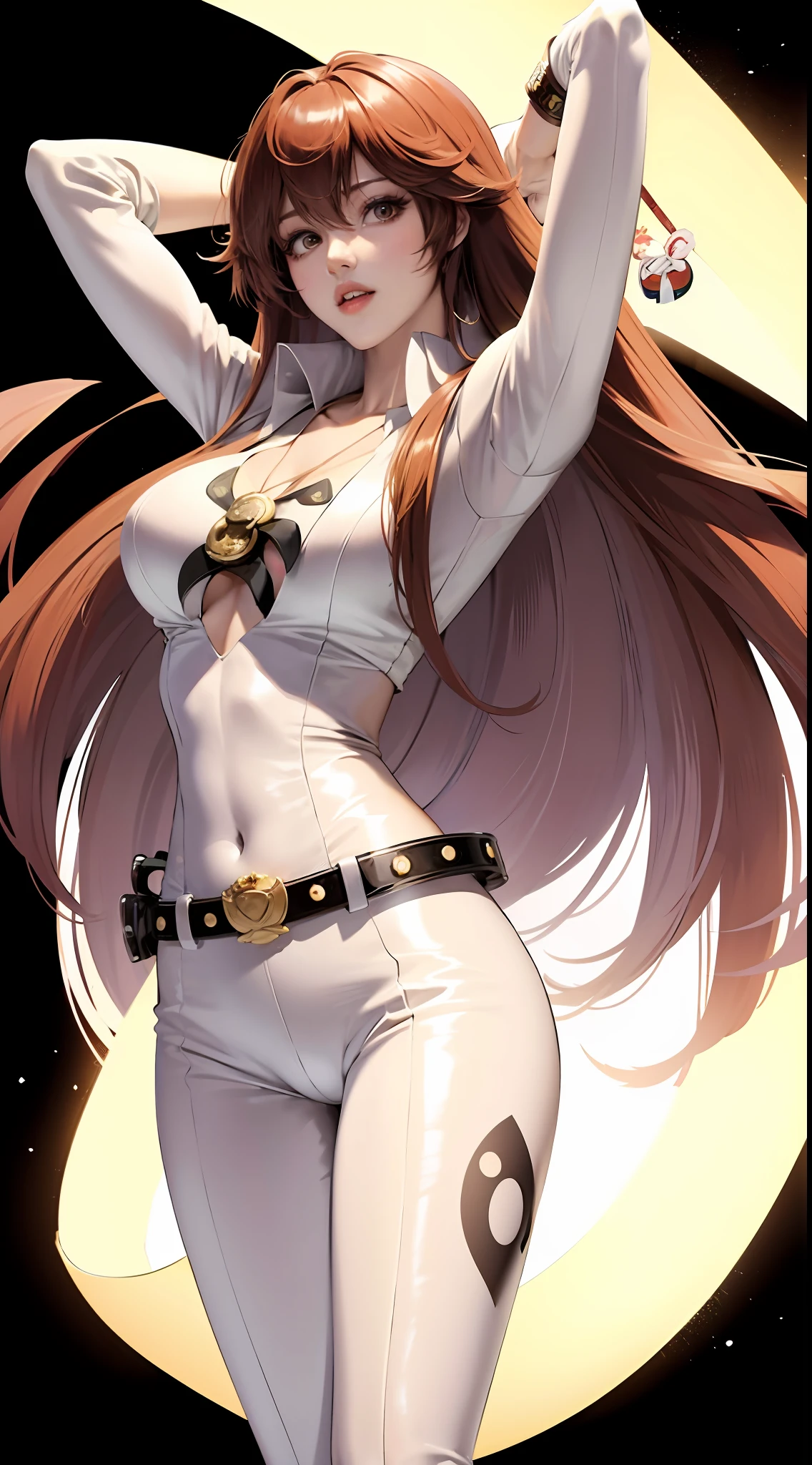 A Korean beautiful girl wearing a white vest and leggings and shorts, slender figure, full-body photo, long brown hair, bangs hairstyle bow, melon seed face, big eyes of Shui Lingling, sexy small mouth, slightly upturned lips, medium chest, background seaside park, sexy and charming, standing, super shorts, slim figure, sexy and charming