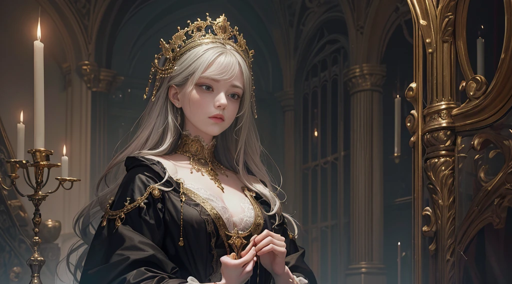 Official Art, Unity 8k wallpaper, super detailed, beautiful, beautiful, masterpiece, best quality,
dark, atmospheric, mystical, romantic, creepy, literature, art, fashion, rococo era, decoration, intricacies, gold and silverwork, lace, contemplation, emotional depth, supernatural, court
1 girl, solo, neck, bust composition