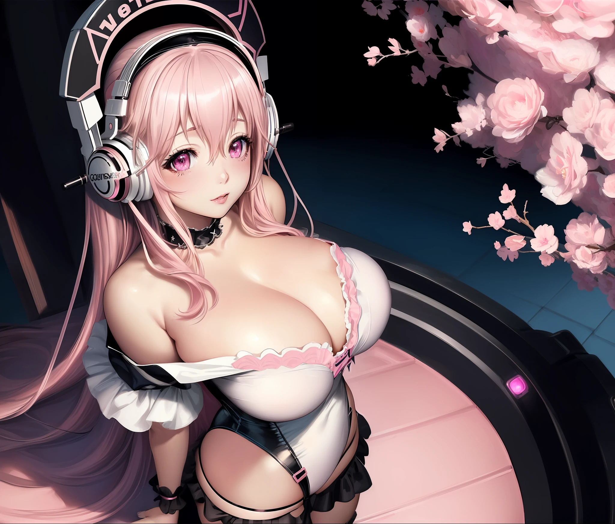 super sonico, masterpiece, best quality, ultra-detailed, illustration,(1girl),beautiful detailed eyes, looking at viewer, close up, (breast focus), (arms behind back:1.2), (from above:1.1), pink hair, gigantic breasts, (breasts out:1.3), (off shoulder:1.1), underwear,gothgal wearing a gothgal outfit