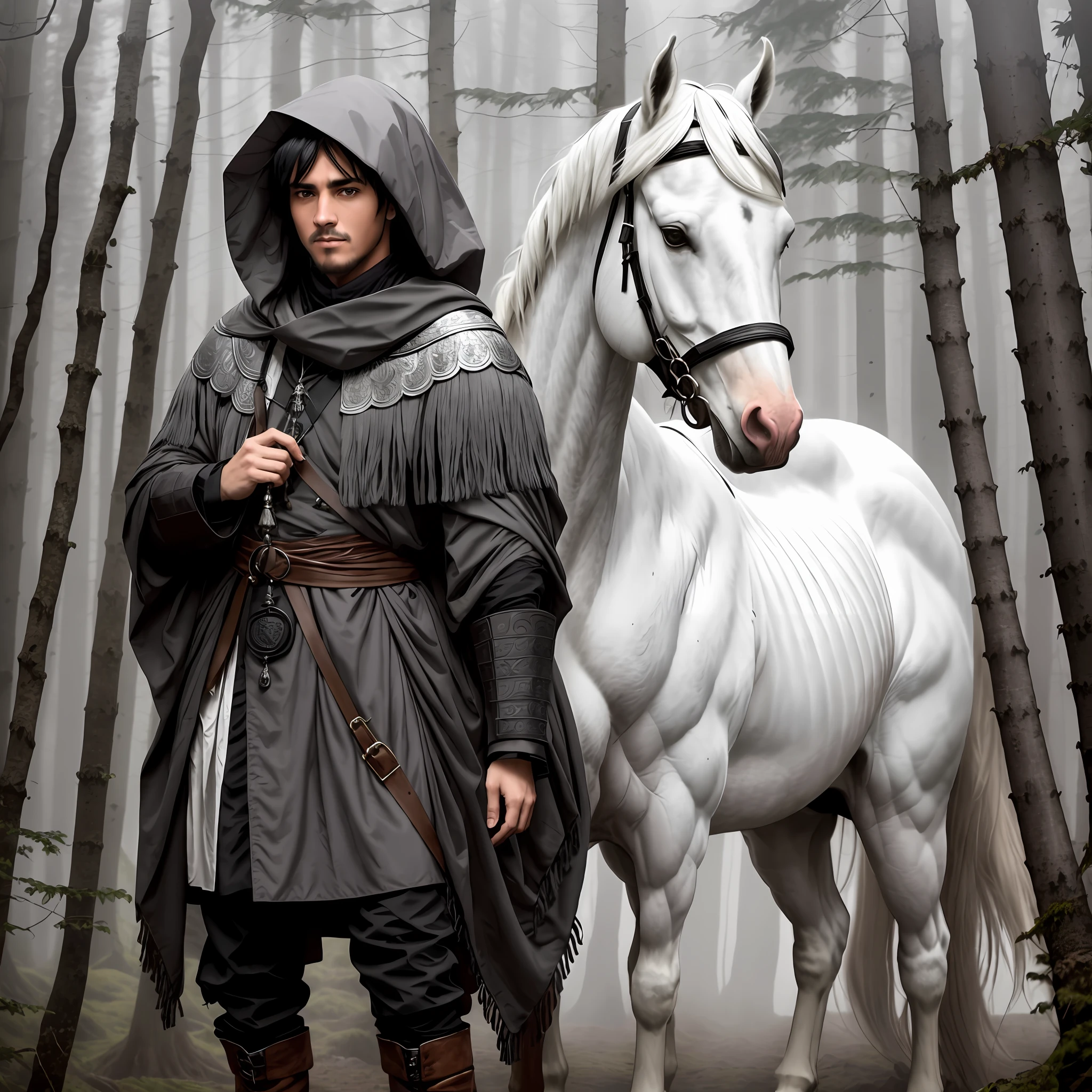 A (cunning, clever) man (cunning, clever) in gray scales and a hood with (scattered black hair) and a white war horse in a forest background shrouded in a thick white fog