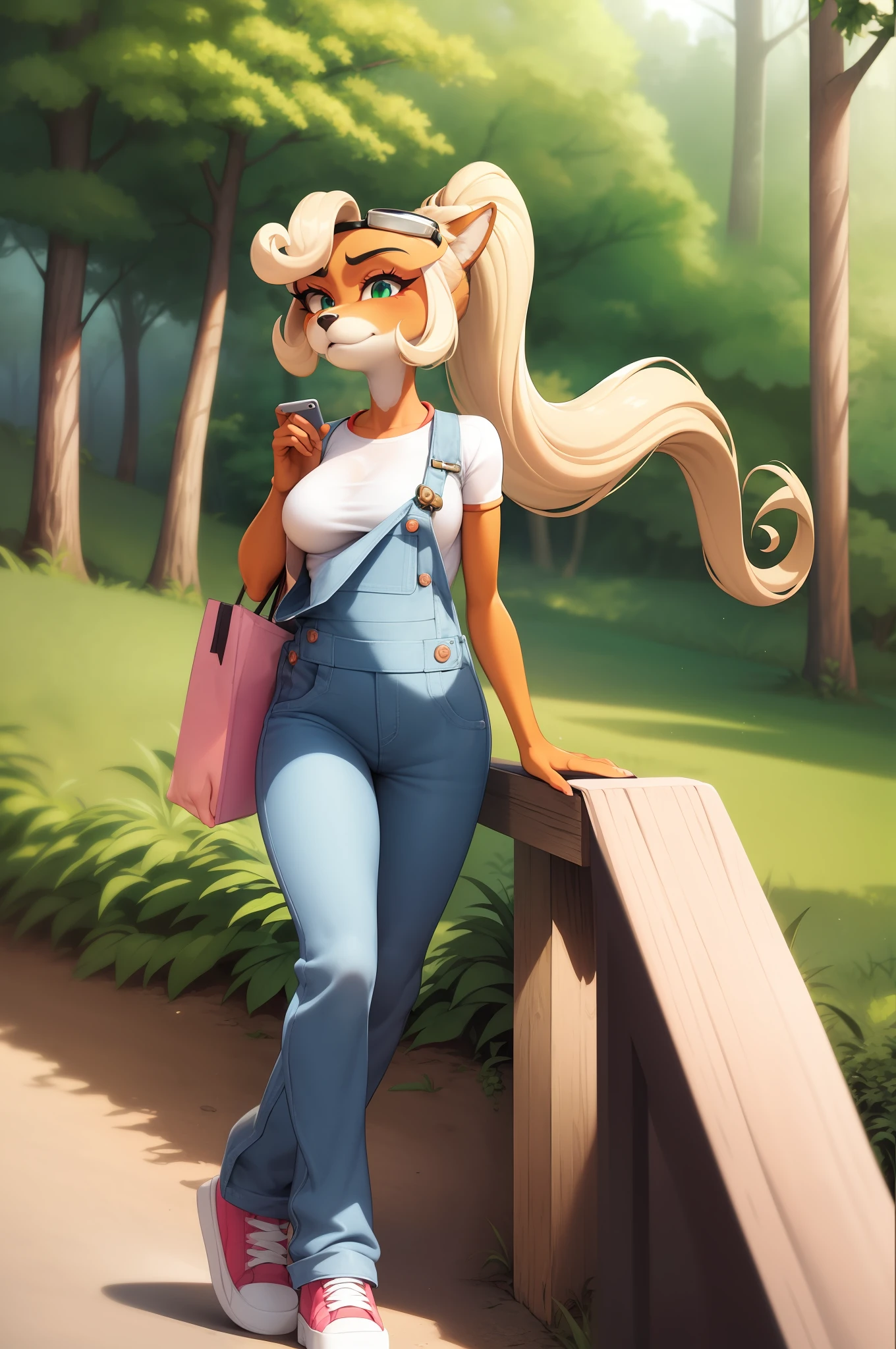 coco bandicoot, fursona, furry, masterpiece, beautiful, white shirt, overalls, goggles on head, ponytail, beautiful forest background, walking, on phone