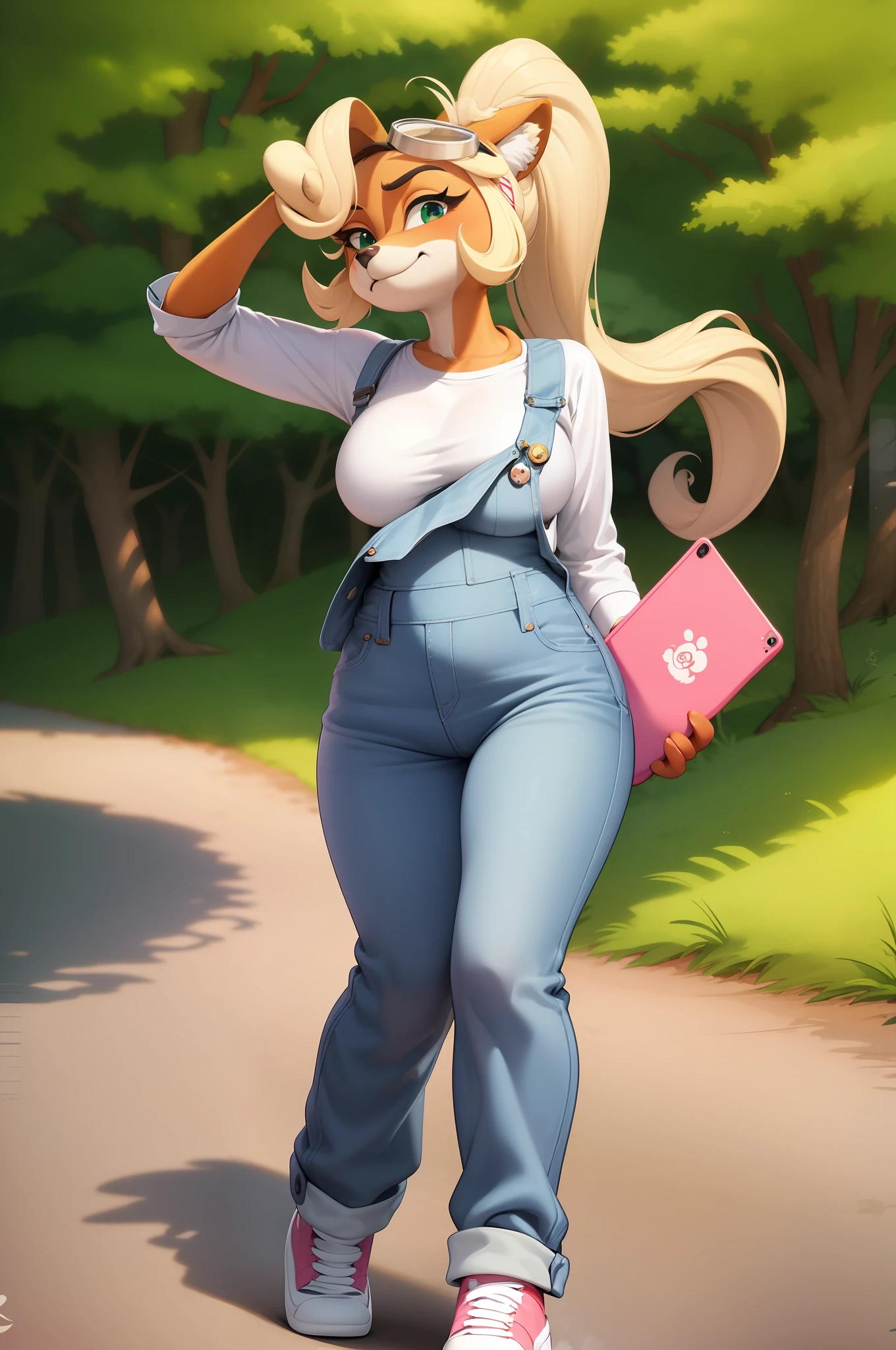 coco bandicoot, fursona, furry, masterpiece, beautiful, white shirt, overalls, goggles on head, ponytail, beautiful forest background, walking, on phone