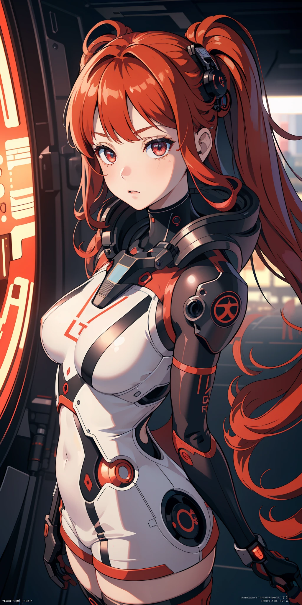 (extremely detailed CG unity 8k wallpaper), (finely detailed beautiful eyes: 1.2), (1 girl), (cyborg), (high-tech), (long crimson hair:1.2), anime, Futurism, (masterpiece:1.2), (best quality), 4K, high details