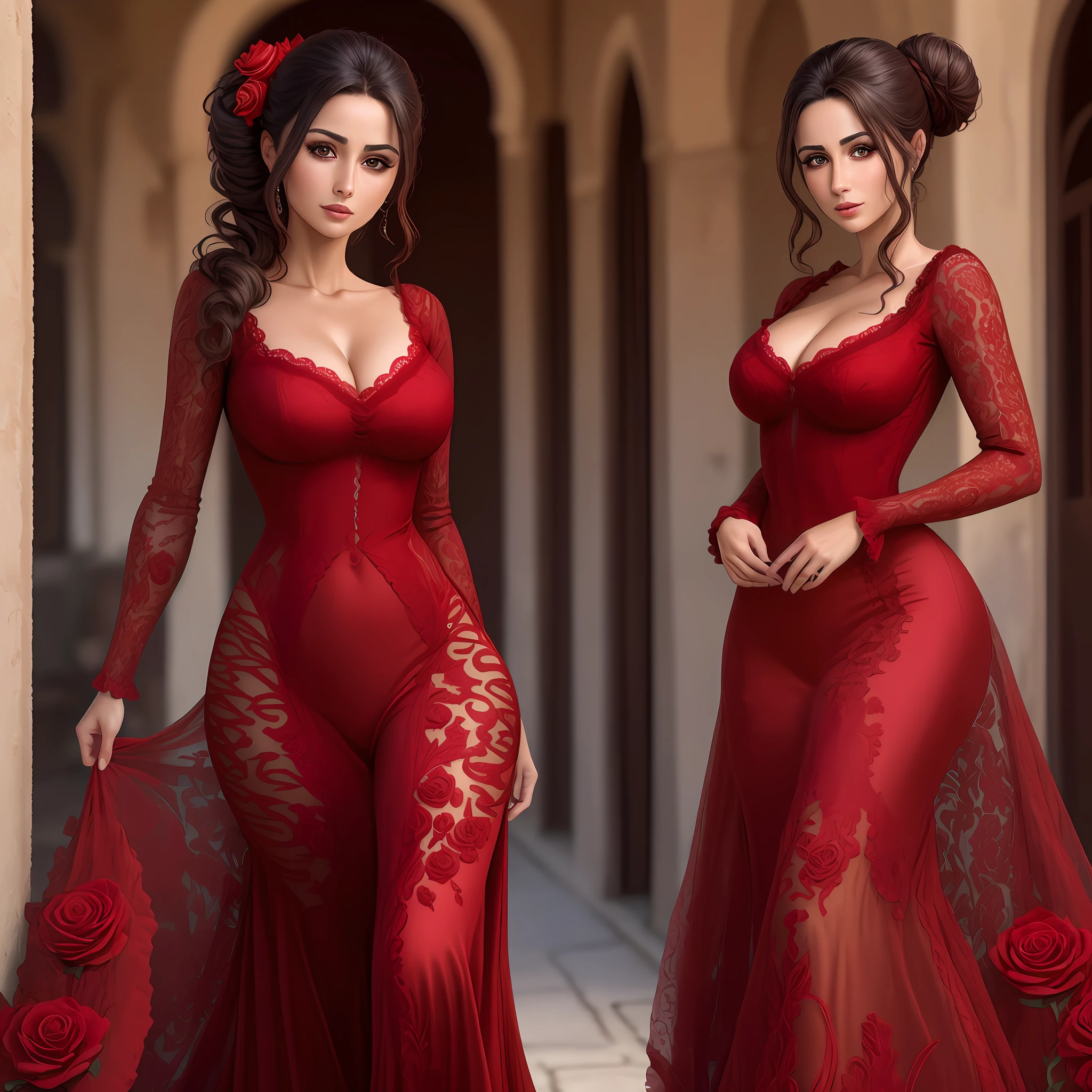 front fullshot of insanely detailed Spanish woman with roses in her updo in Alhambra, wearing a tight long red dress with cleveage long sleeves and ruffled only in the lower part, stuningly beautiful face, big brown eyes, hit definition, volumetric lights, realistic proffesional shot, shot on canon camera, 32k resolution, best quality,