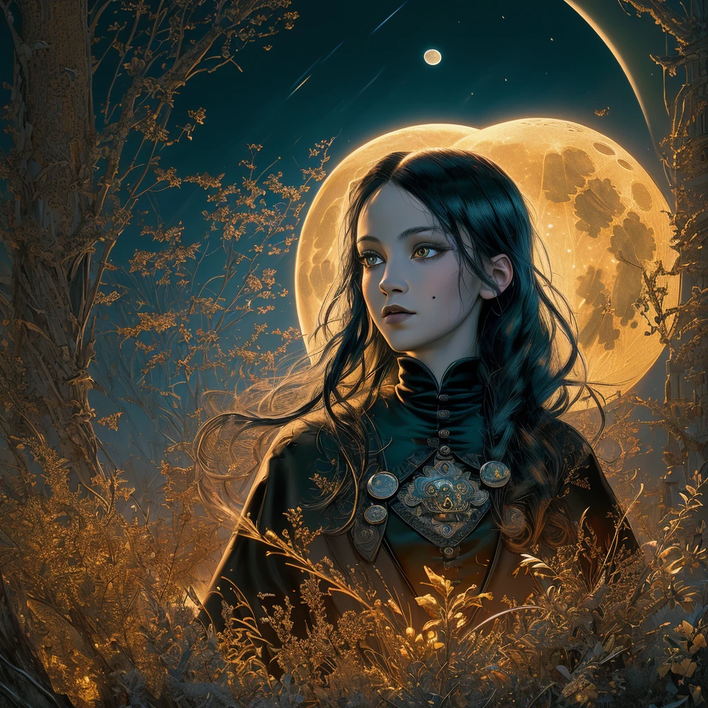 ((masterpiece, best quality; 1.3)), ultra detailed, 8k unit wallpapers, CG, illustration, colorful, cinematic shadow, extremely detailed and beautiful background, vhd, VRay shading, RTX, (realistic: 1.5), (solo), Addams Wednesday, full moon night, addams family home background, warm and soft luminosity