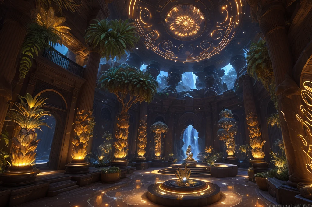 incredible Na'vi-inspired luxurious futuristic store interior in Ancient Egyptian style with many ((lush plants)) (lotus flowers), ((palm trees)), rocky walls, (sand), ((waterfalls)) (marble), ((precious minerals)), ((metals)), (gemstones), crystals, clouds and ((water)), (hieroglyphics), ((trees and plants made out of gemstones and precious minerals and lights)), crocodiles, (((ultra luxury))), (black marble) – with ((beautiful lights)), Unreal Engine, HQ, 16k