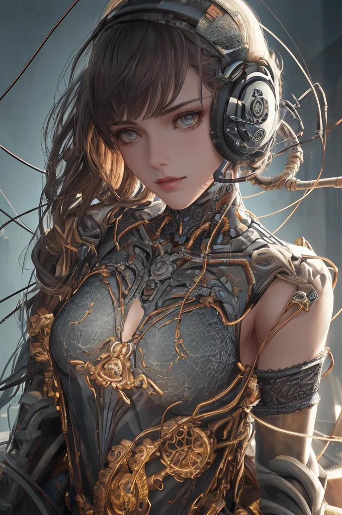 1mechanical girl,((ultra realistic details)), portrait, global illumination, shadows, octane render, 8k, ultra sharp,metal,intricate, ornaments detailed, cold colors, egypician detail, highly intricate details, realistic light, trending on cgsociety, glowing eyes, facing camera, neon details, machanical limbs,blood vessels connected to tubes,mechanical vertebra attaching to back,mechanical cervial attaching to neck,sitting,wires and cables connecting to head