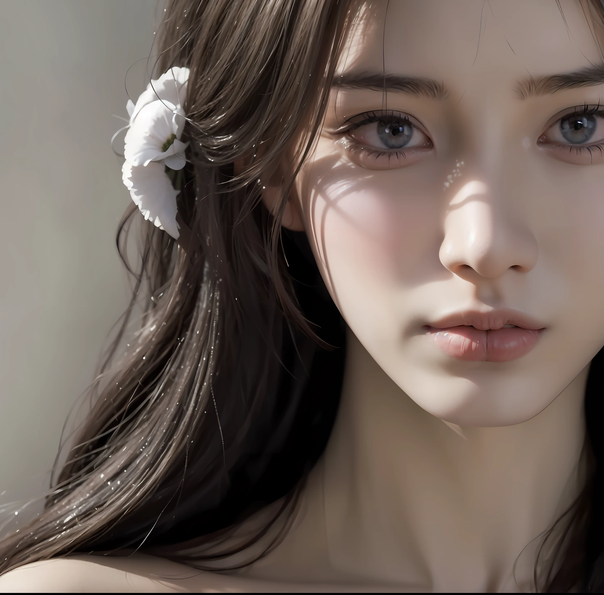 arafed asian woman with long hair and a white flower in her hair, soft portrait shot 8 k, realistic. cheng yi, guweiz, soft portrait, lovely delicate face, [ 4 k photorealism ]!!, soft morning lighting, beautiful delicate face, pale milky white porcelain skin, [ 4 k photorealism ]!!!, [ realistic photography ]