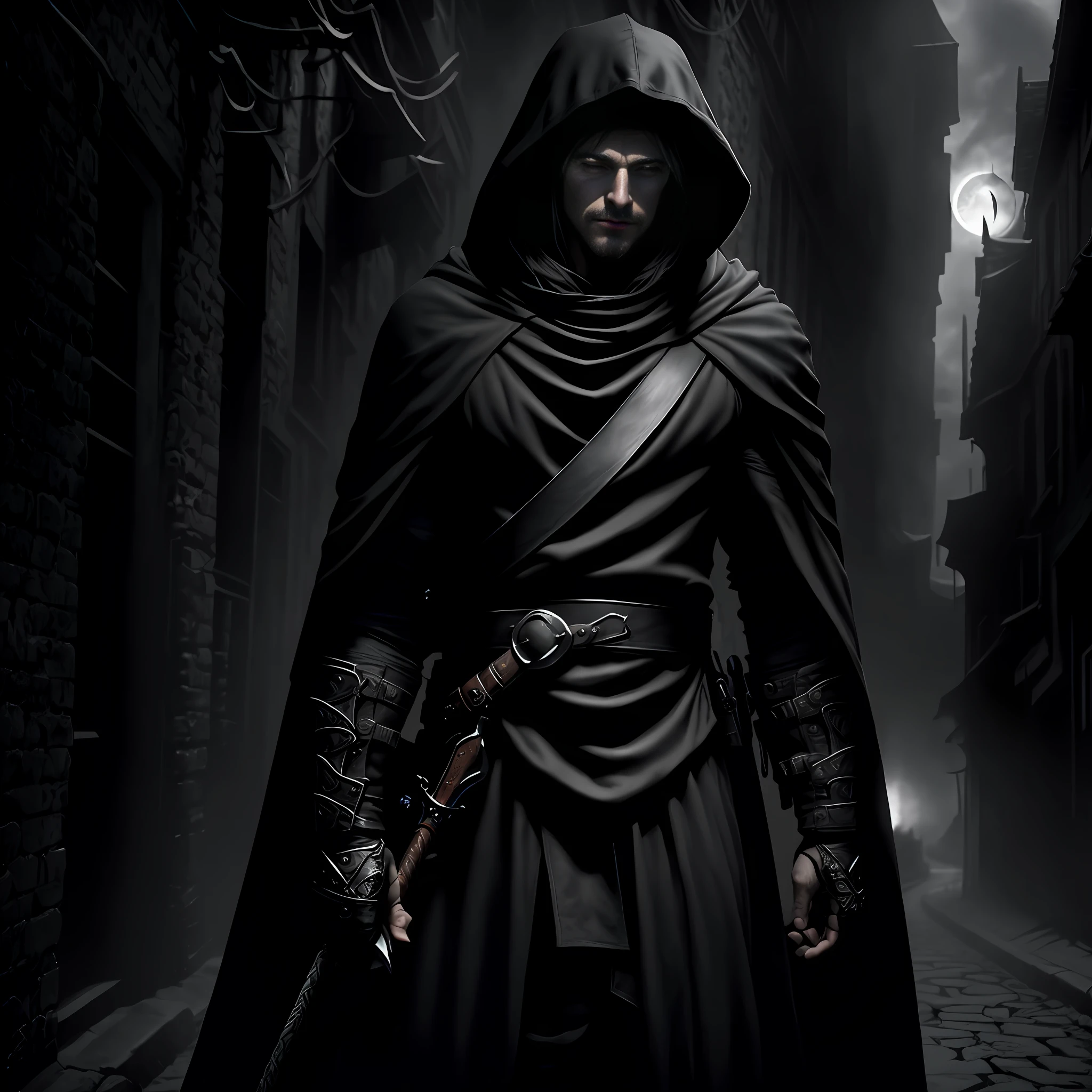 alone man, cowboy shot of demon hunter, hood up, eyes with white iris and white pupils, old black coat, pauldrons, black ring on one finger, black scarf, bandages, black vest, straight spear with a black metal tip behind the back, black and gray rope hanging from the belt, evening, in the shadow of the street next to the tavern, dark fantasy atmosphere