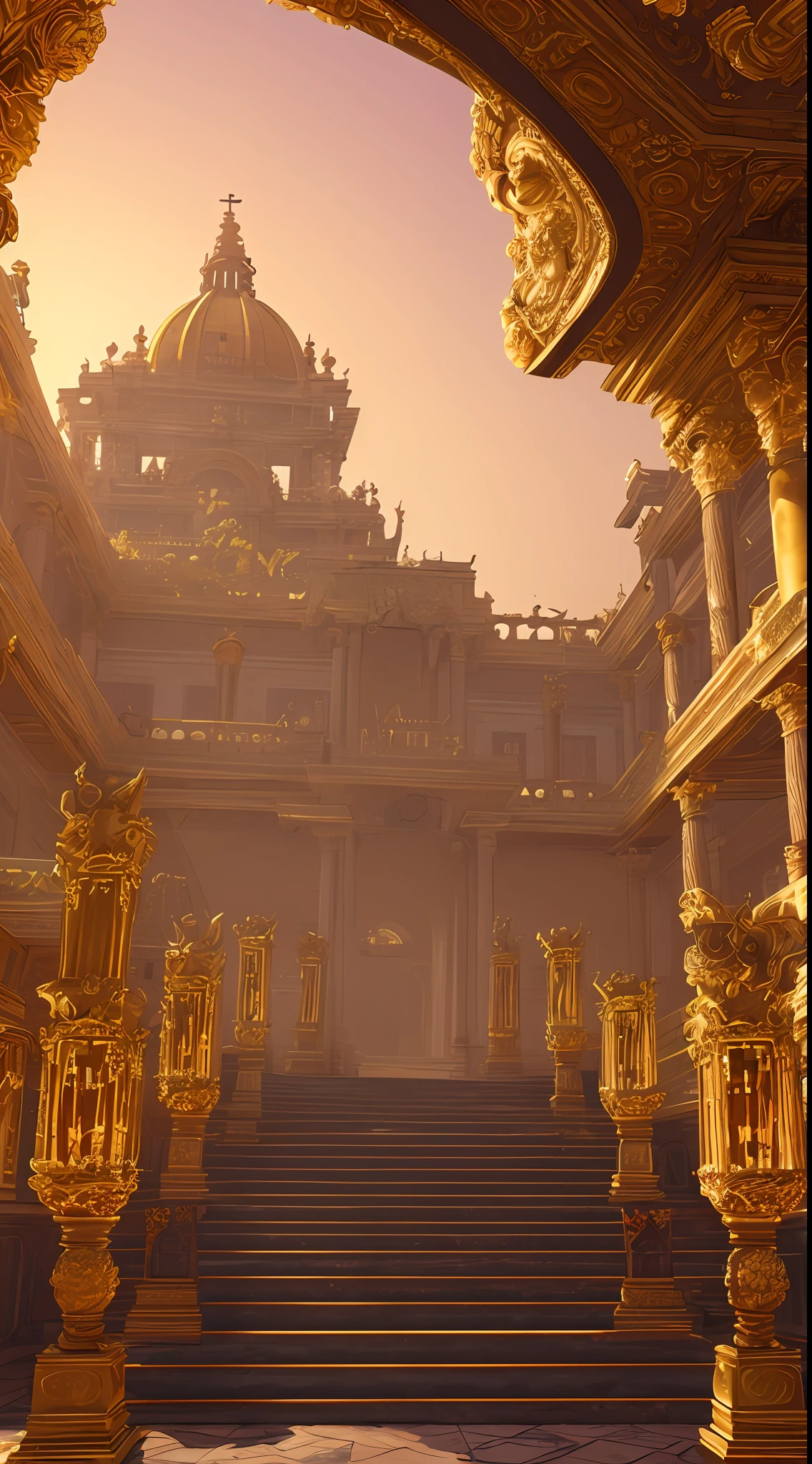 Opulent palace, golden decorations, extravagant architecture, ancient rome, aqueducts, opulent vegetation, foggy atmosphere, stunning sunny lighting, sunrise, vivid colors, trending on Artstation, 8k, matte painting, ray tracing, hyper detailed, unreal engine 5, cinematic, epic lighting, cryengine, octane render, cyberpunk, red and orange glow, vibrant