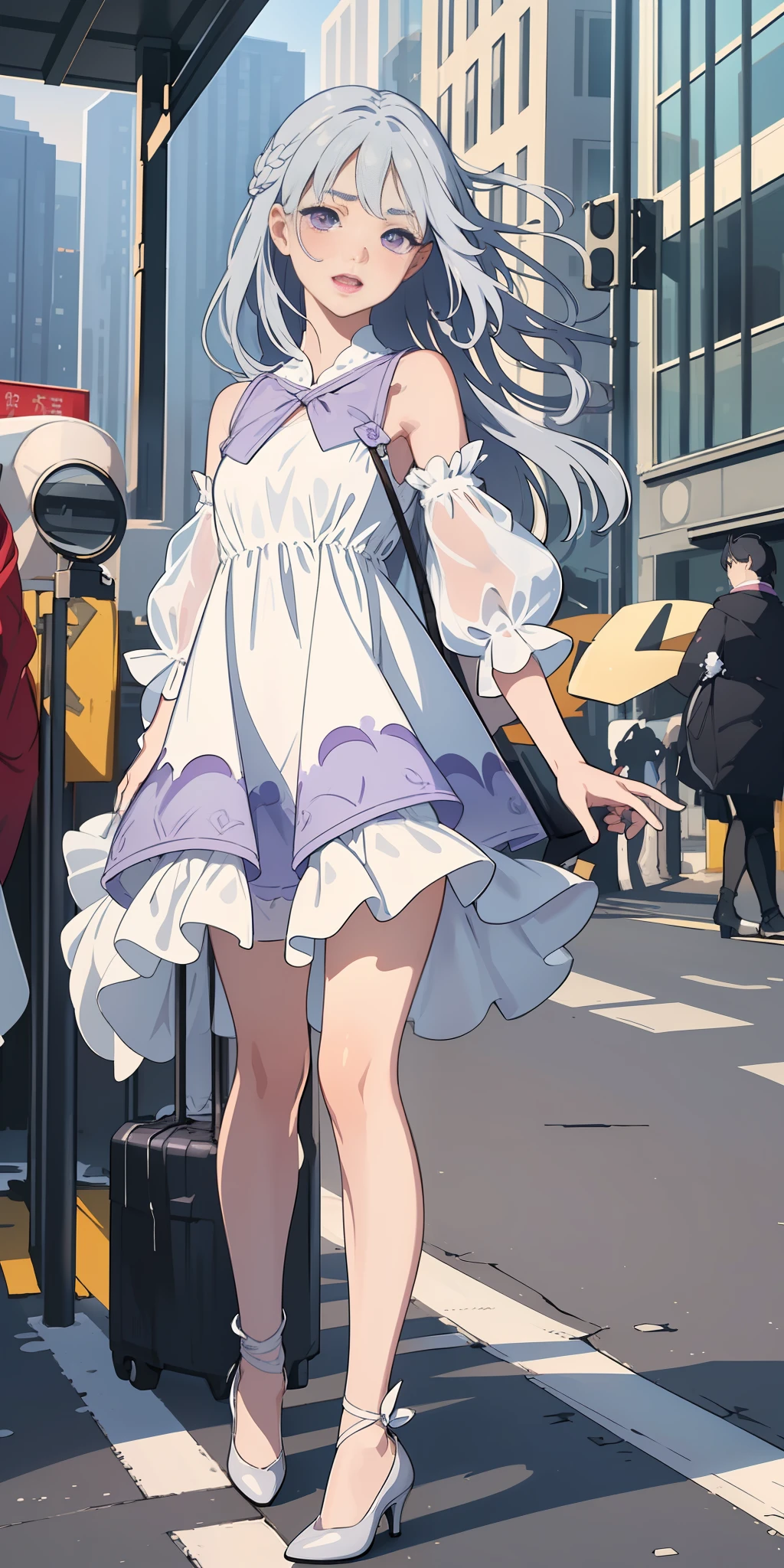 (Masterpiece: 1.2, Best Quality), (Fine Beautiful Eyes: 1.2), (Very Detailed CG Unity 8k Wallpaper, Masterpiece, Best Quality, Ultra Detailed, Best Shadows), (Detailed Background), (Beautiful Detail Face, Beautiful Detail Eyes), High Contrast, (Best Lighting, Extremely Delicate and Beautiful), 1girl, (Color Paint Splattered on Transparent Background,Dulux,)), ((Caustic)), Dynamic Angle, Beautiful Details Glow, Full Body, Denim Lens, Silver Hair, Purple eyes, detailed white dress, detailed purple decoration, blurred city background, (correct unraveling), open mouth smile, elegant, correct number of fingers, no pedestrians in the background, detailed hair, flowing details long hair, slender legs, pure appearance, natural posture, normal eye size, natural gestures, HD large picture, ultra HD, eye size on both sides and shape similar, face shape on both sides meets biological requirements, hair edge details are strengthened, white is the main color of small leather shoes, textured skin, very detailed, Detailed dress hem, translucent white sleeves, happy tears, narrowed interpupillary distance, toothless