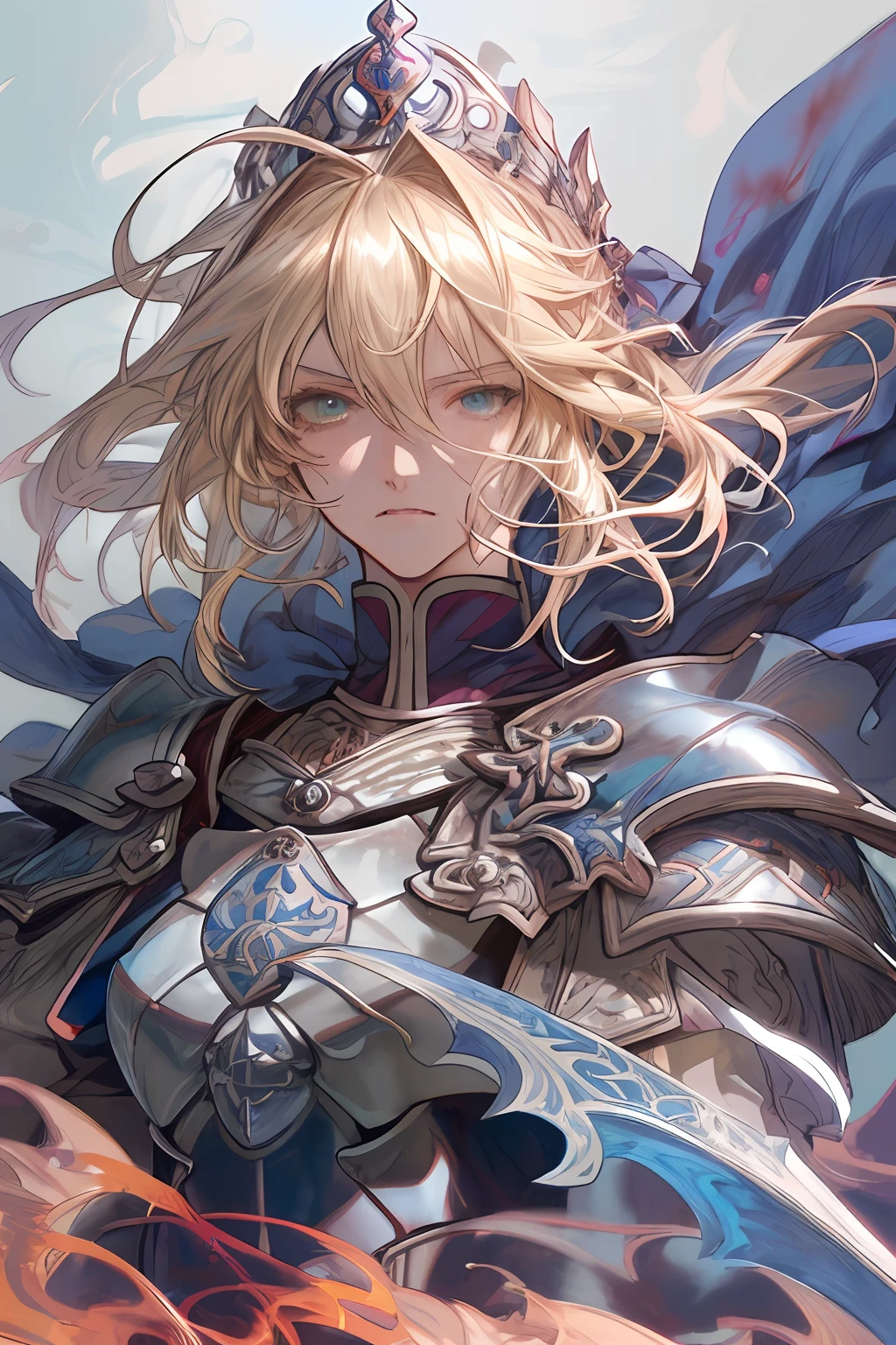 masterpiece, best quality, highres, ultra-detailed, artbook, anime coloring, CG, illustration , fantasy, 1girl, solo, blood, male focus, looking at viewer, artoria pendragon \(fate\), armor, detailed beautiful face and eyes, floating hair, simple background, illustration, photorealistic, beautifully drawn, vivid color