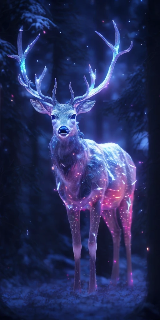 a close up of a deer with glowing antlers in a forest, 3d digital art 4k, digital art animal photo, digital artwork 4 k, holographic creatures, 4k highly detailed digital art, 8k high quality detailed art, 4k detailed digital art, 8 k ultra realistic animal, digital art 4k, digital art 4 k, detailed digital 3d art