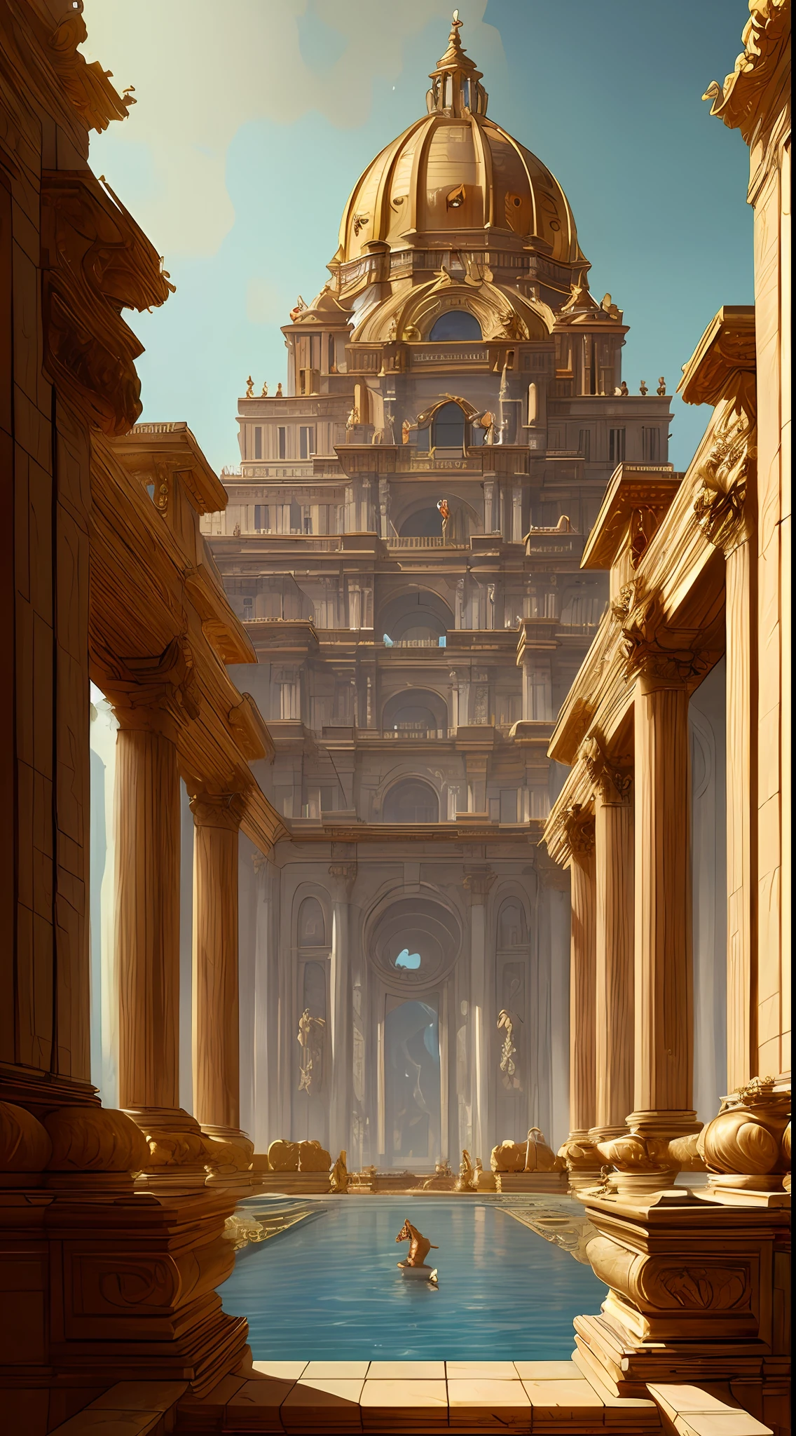 Opulent palace, golden decorations, extravagant architecture, ancient rome, aqueducts, scenery, digital painting, artstation, concept art, sharp focus, illustration, art by artgerm and greg rutkowski and alphonse mucha