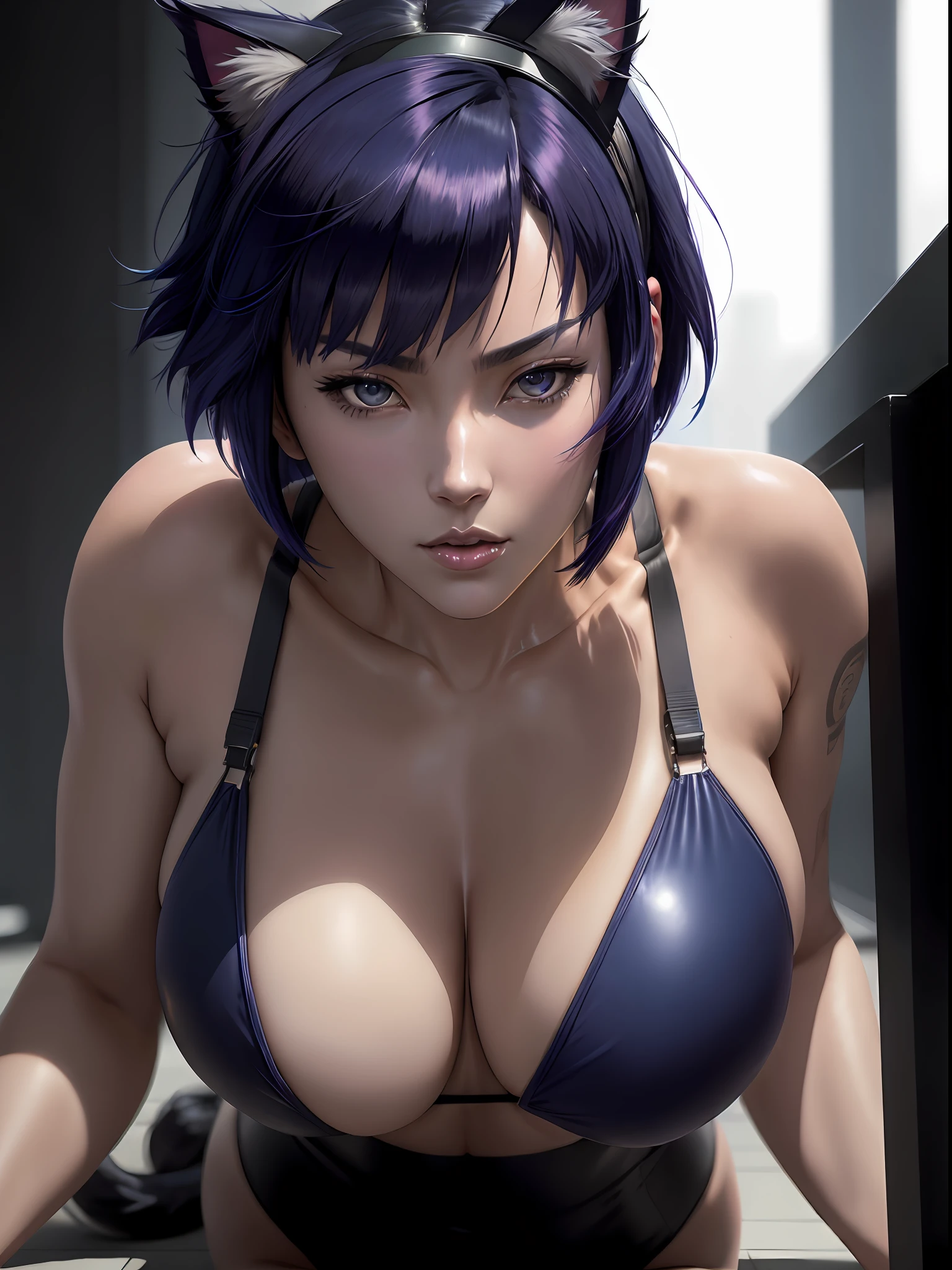 Motoko Kusanagi from anime Ghost in the Shell, inverted bob hair, dark blue hair, ponytail, cat ear headband, cat theme bikini, intricate detail, depth of field, cinematic lighting, backlighting, (masterpiece), (high details), award winning, high quality, best quality, 8k, crawling on the floor, looking at the viewer