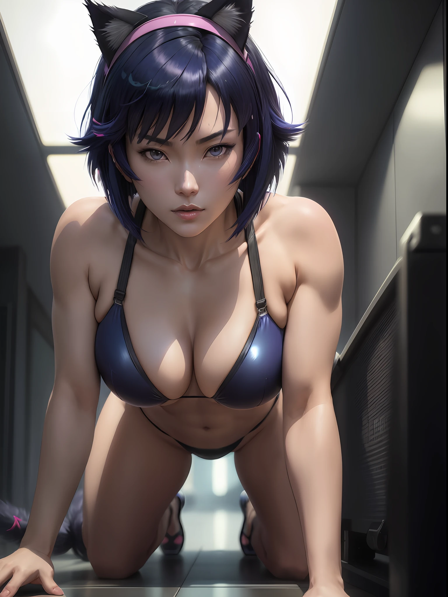 Motoko Kusanagi from anime Ghost in the Shell, inverted bob hair, dark blue hair, ponytail, cat ear headband, cat theme bikini, intricate detail, depth of field, cinematic lighting, backlighting, (masterpiece), (high details), award winning, high quality, best quality, 8k, crawling on the floor, looking at the viewer