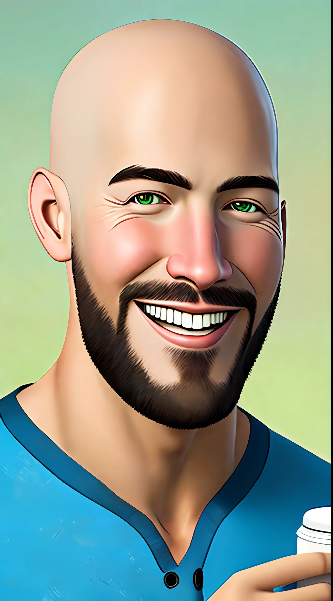 Best quality, realistic, award-winning illustration, (complicated detail: 1.2), (fine detail), (complicated detail), (cinematic lights, best quality), sharp lines, sharp focus, official art, 16k, on a white background, (A man with a smiling face: 1.3), a playful young boss, there is a man with a bald head and beard, (bald short-beard: 1.3), bald head and smiling look, no beard and mustache,  about 35 years, (38 years), men of 45 years, without completely bald hair, (short goatee: 1.3), (face with fine details of wrinkles: 1.2), (details of the aged face: 1.2), (without beard: 1.3), (normal body without muscles: 1.3) (without muscles: 1.3), pronounced male characteristic, flirting with the camera. wearing black apron uniform with green, wearing cap, black cap and green details, wearing jeans, man posing for a photo, holding a huge can of creamy dulce de leche, dulce de leche pouring, splattering dulce de leche, explosion dulce de leche, all-white background, headshot profile picture, posing for a photo.