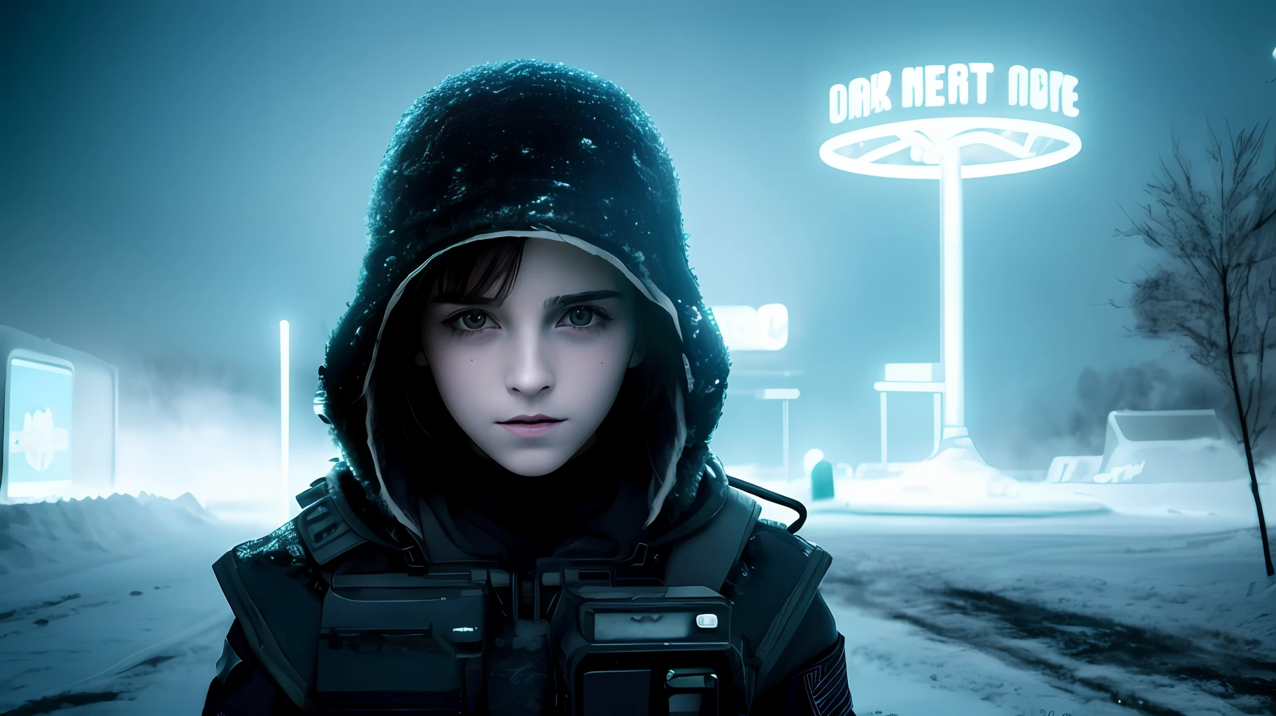 snowapocalypse landscape of super cute Alien, dark light, neon signs, haunting atmosphere, digital art , intricate, 8k resolution, super high quality, alien,metal gear,Emma Watson,detailed eyes and face, masterpiece,8k  resolution,shoot gun to Aliens,UFO,