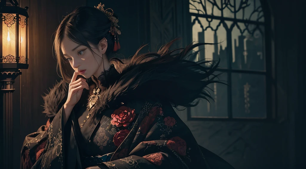 Official Art, Unity 8k wallpaper, super detailed, beautiful, beautiful, masterpiece, best quality,
dark, atmospheric, mystical, romantic, creepy, literature, art, fashion, showa era, decoration, intricacies, fur products, lace, contemplation, emotional depth, supernatural, kimono
1 girl, solo, neck, bust composition