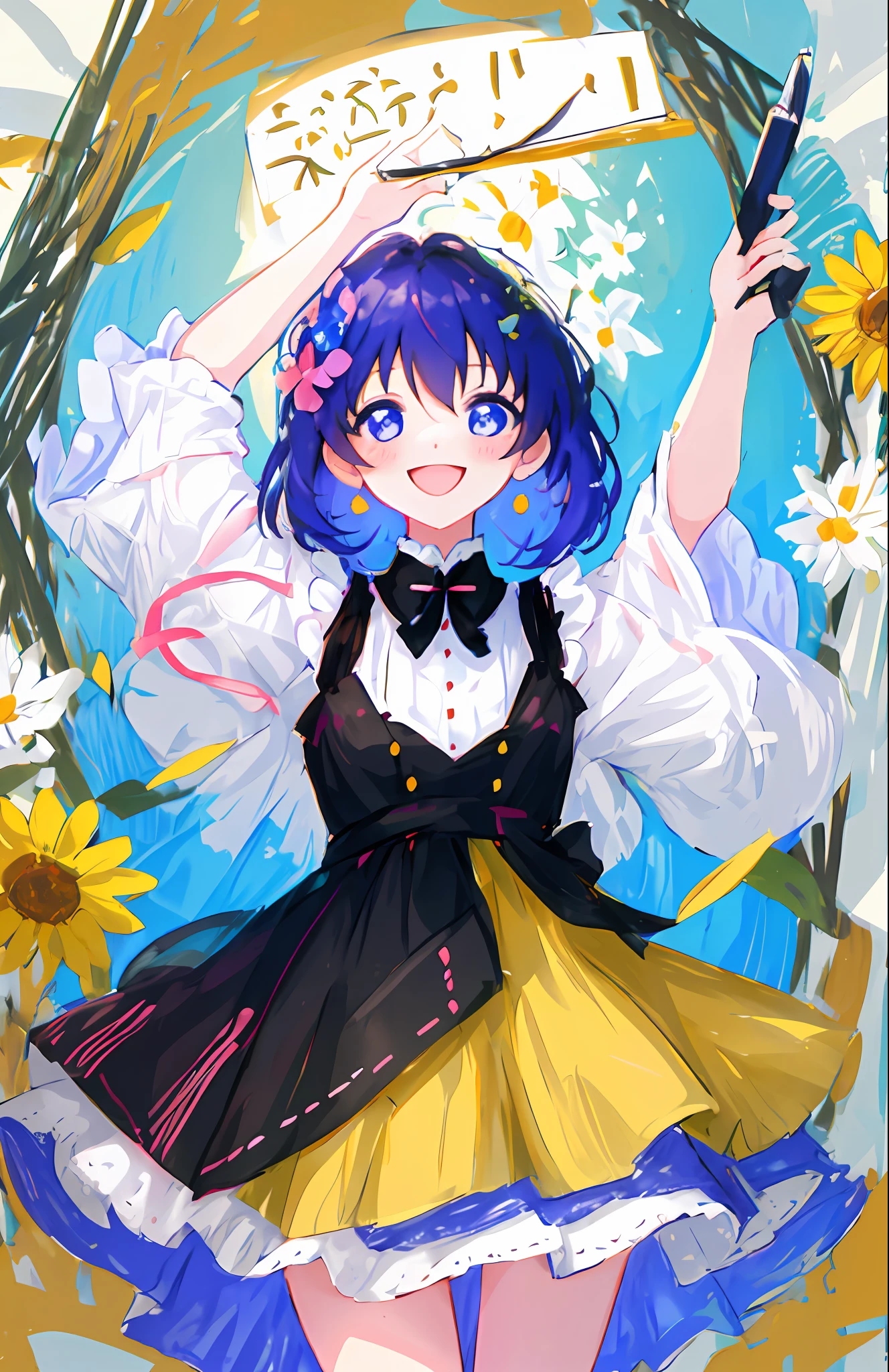 A smiling girl in a flowery dress embracing colored papers, chibi style, and written in the image Marciele Scrap Festa.