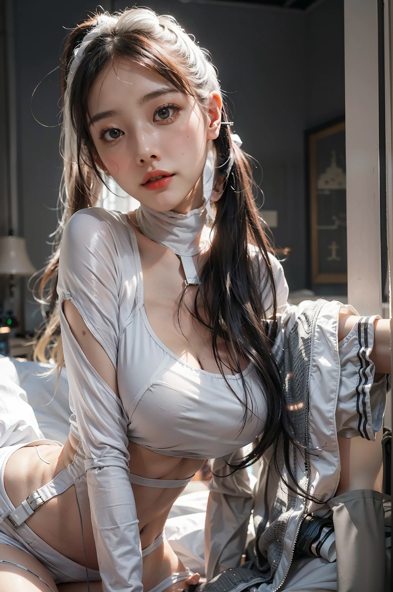 20 years old woman, short girl, bokeh (((on bedroom))), (((white techwear top, futuristic japanese))), white underwear, RAW photo, (photorealistic:1.6, realistic), highly detailed CG unified 8K wallpapers, ((slender body:0.8)), (huge breasts:1.5), looking at viewer,  (HQ skin:2, shiny skin), 8k uhd, dslr, soft lighting, high quality, film grain, Fujifilm XT3, (professional lighting:1.25) ,  songjia