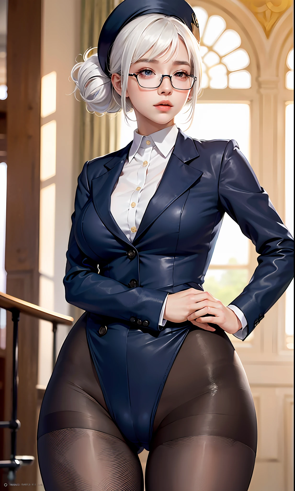 ulzzang-6500-v1.1, (raw photo:1.2), (photorealistic:1.4), beautiful detailed girl, very detailed eyes and face, beautiful detailed eyes, ridiculous, incredibly ridiculous, huge file size, super detailed, high resolution, very detailed, best quality, masterpiece, kemomimi, ((flight attendant outfit)), illustration, very detailed, CG, unified, 8k wallpaper, amazing, fine details , masterpiece, best quality, very detailed CG uniform 8k wallpaper, light on face, movie lighting, 1girl, , white hair, side split, (no hat), (no panties)), (with glasses), ((dynamic pose))), (camel toe), (half), (pantyhose), (pantyhose and legs))