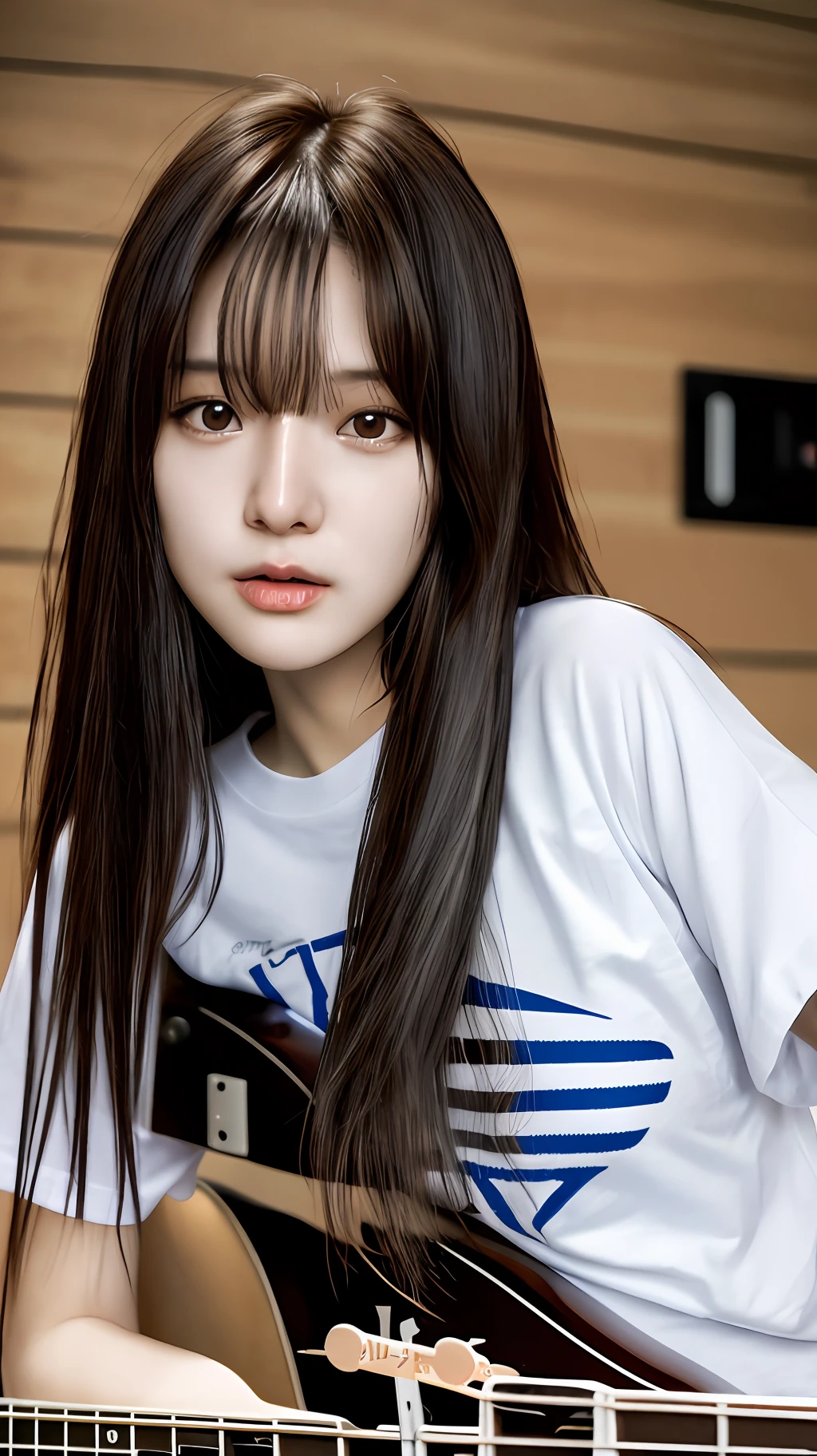 realistic photos of (1 cute Korean star) streaked hair, thin makeup, medium breasts size, t-shirt, playing bass, clear facial features, emphasis lines, UHD, retina, textured skin, high details, highres, 16k