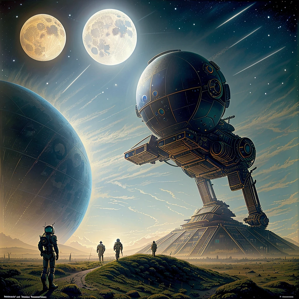 Bruce Pennington, David Schleinkofer, retrofuturism, Moon space colony, robots,((masterpiece)), (best quality), high tech, industrial
